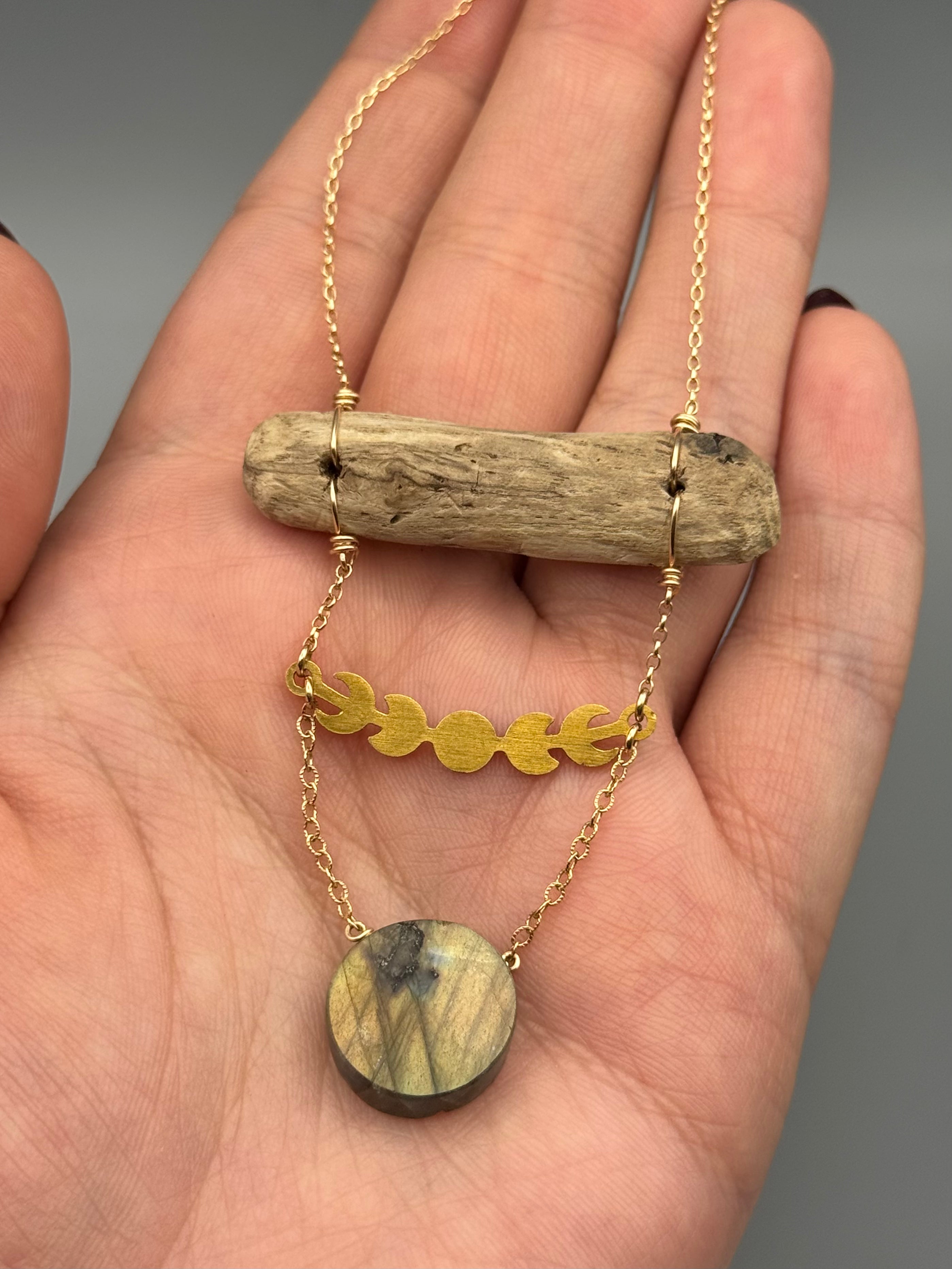 •TOTEM• golden labradorite coin + gold necklace (17"-19" long)