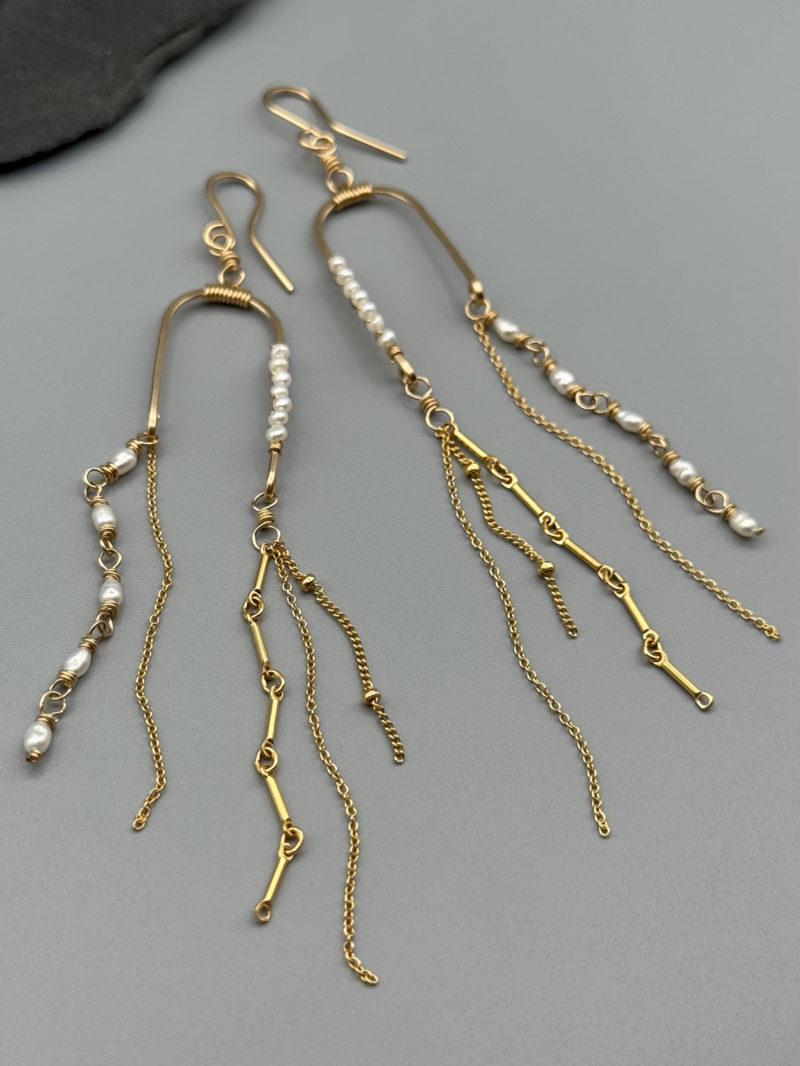 •BALANCING ACT• pearl + gold dangle earrings
