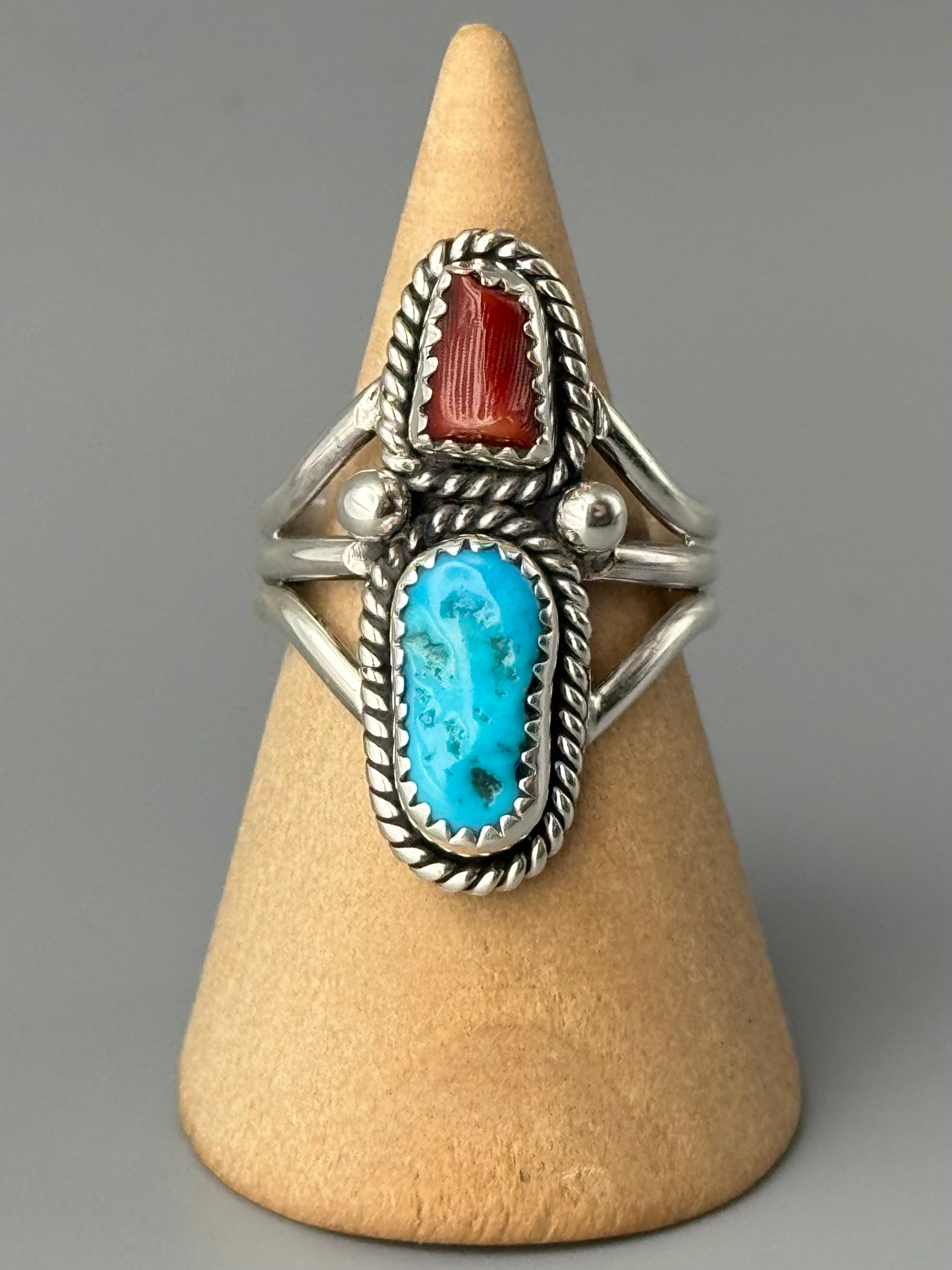 •KINGMAN TURQUOISE & CORAL - NAAKI• Navajo silver ring (size 9.25)