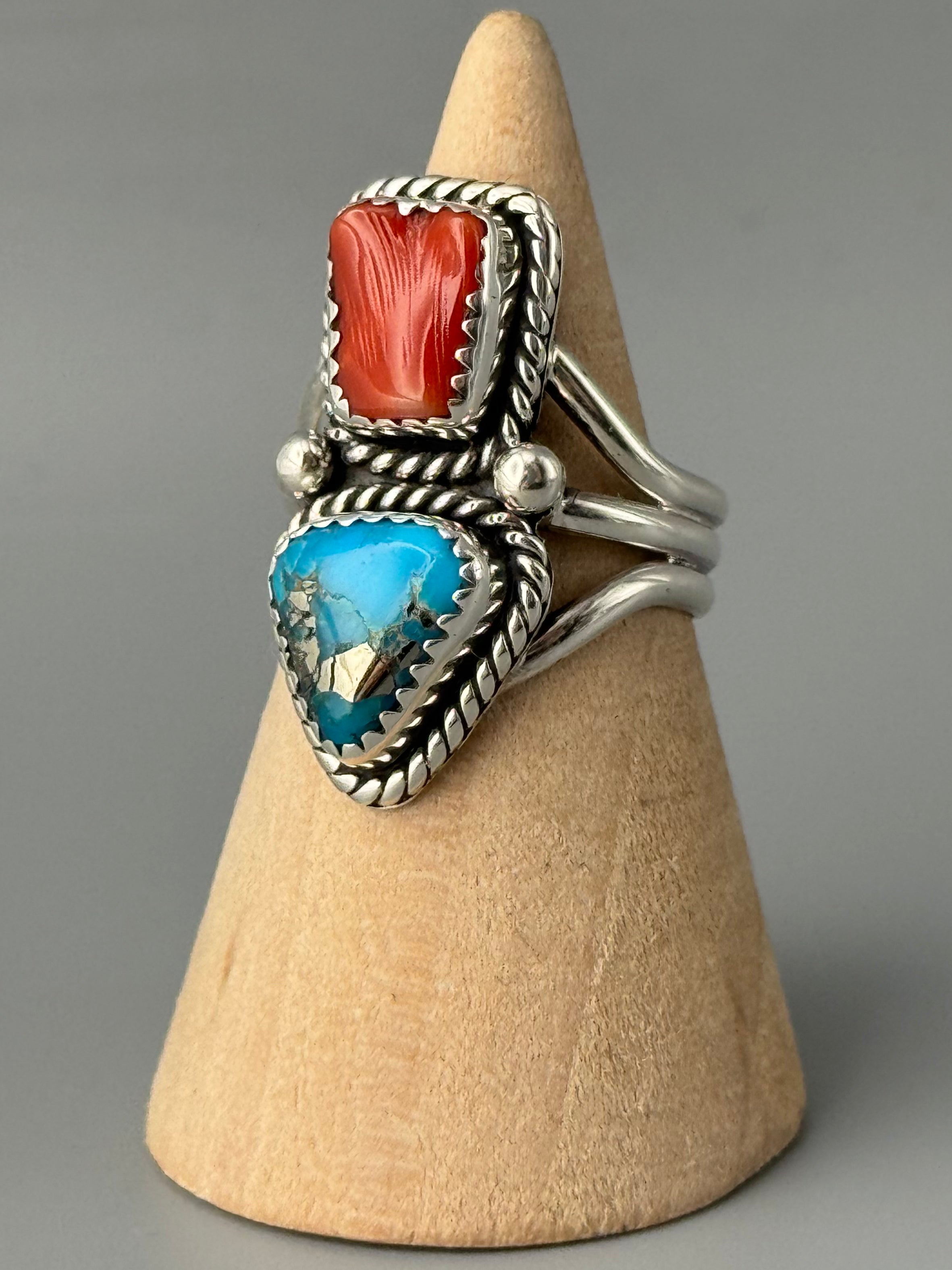 •PYRITIZED TURQUOISE & CORAL - NAAKI• Navajo silver ring (size 7.75)