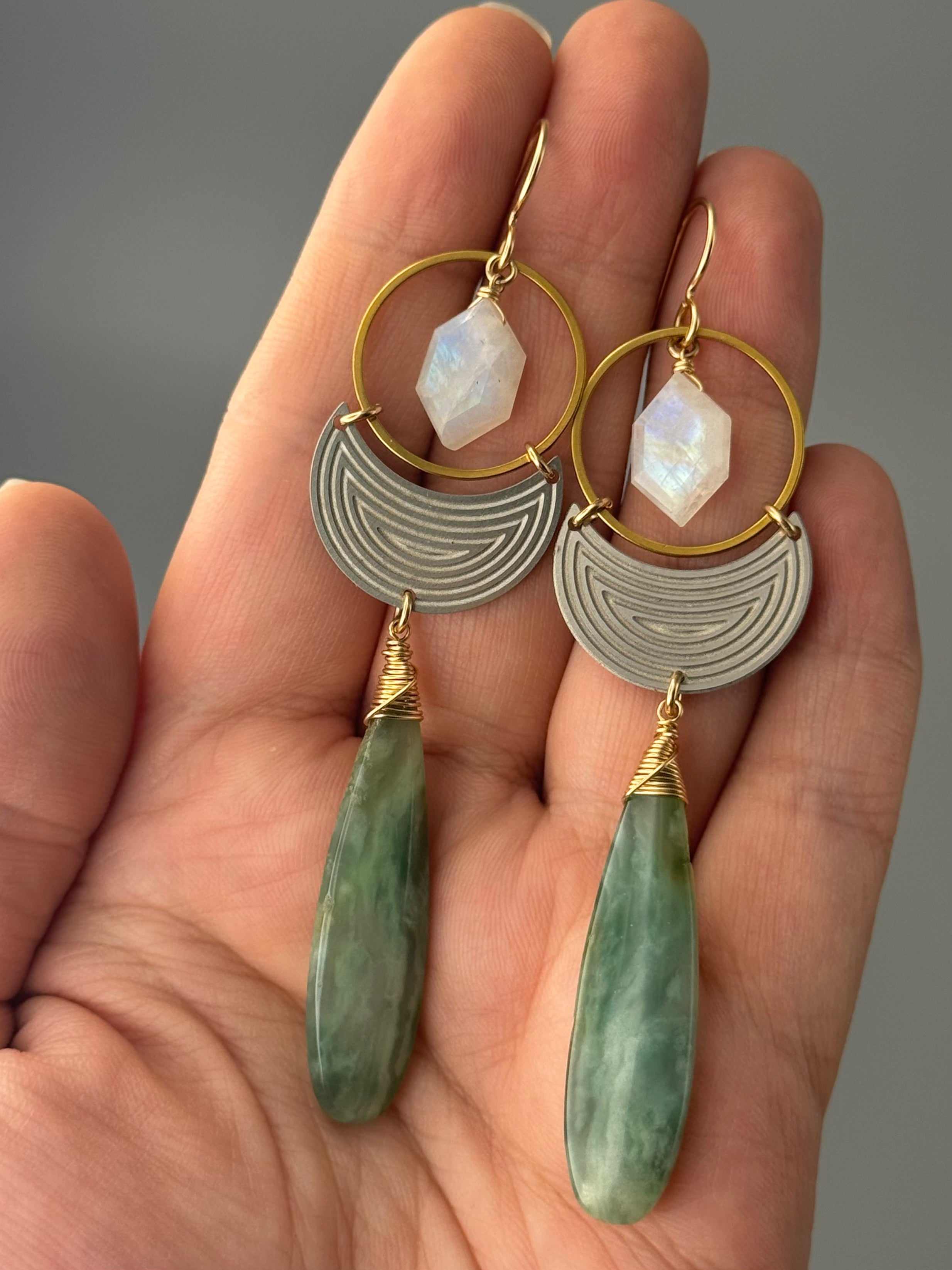 •MOON SHADOW• rainbow moonstone + jade mixed metal earrings