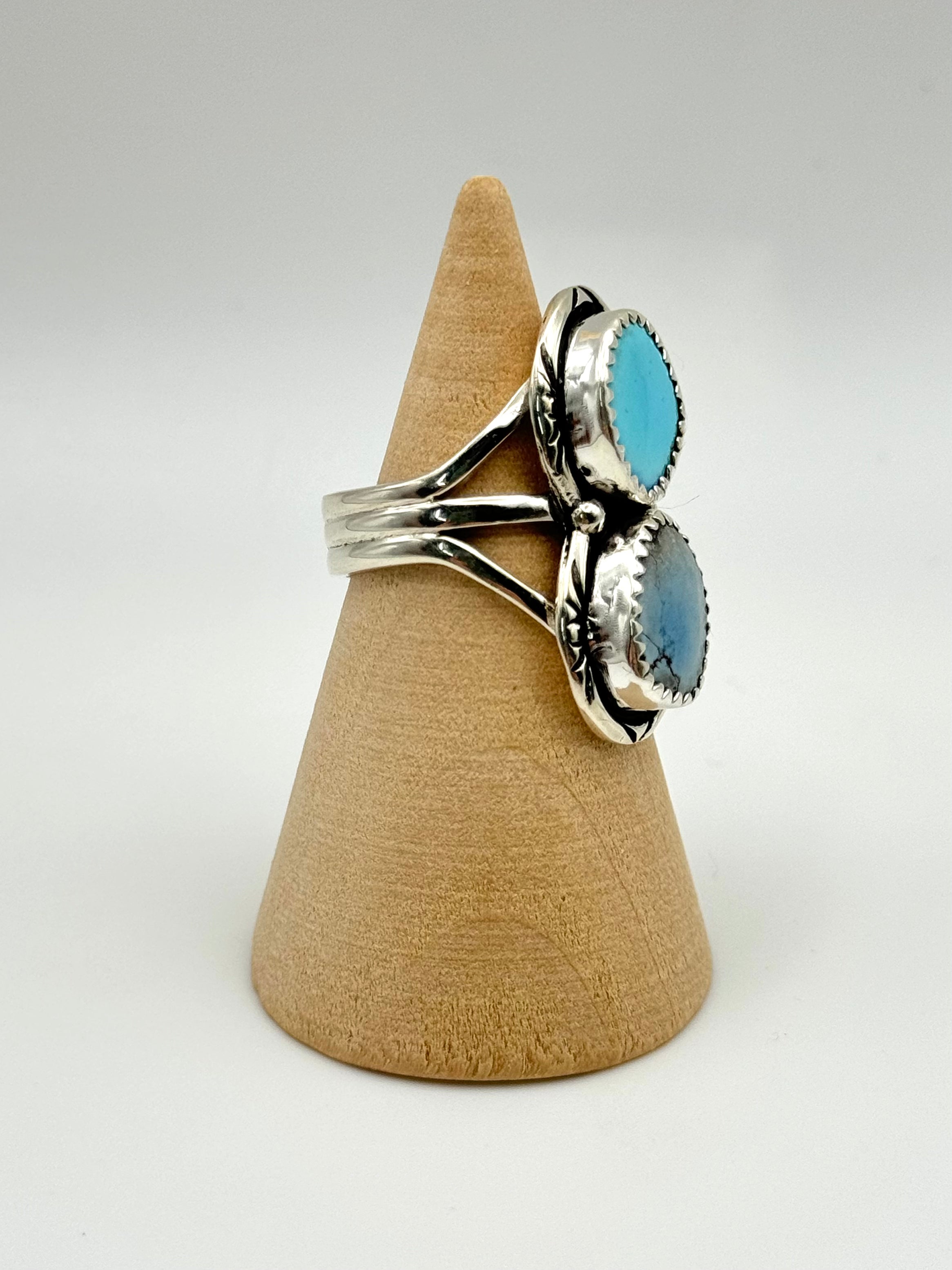 •GOLDEN HILL TURQUOISE - 4• Navajo silver double stone ring (size 6.5)