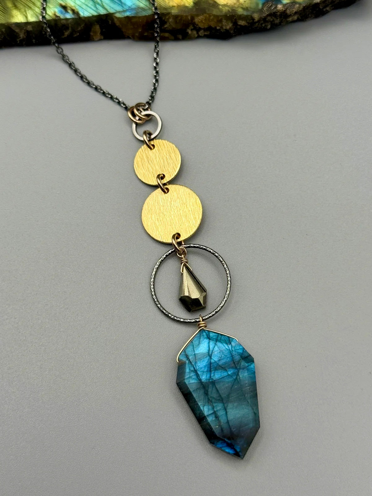 •NYX• pyrite + labradorite mixed metal necklace (26"-28" long)
