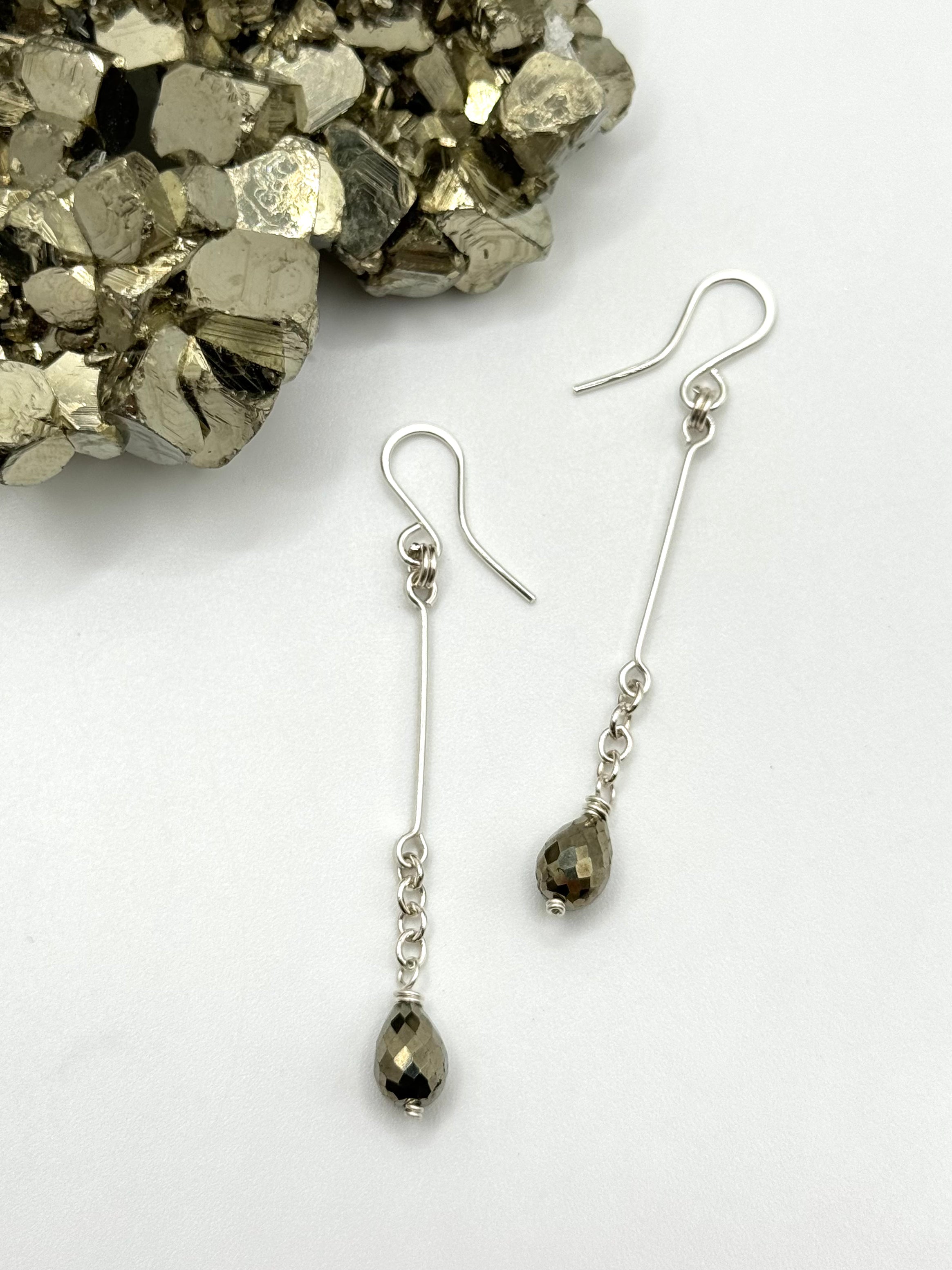 •LINEAR DROP• pyrite + silver dangle earrings