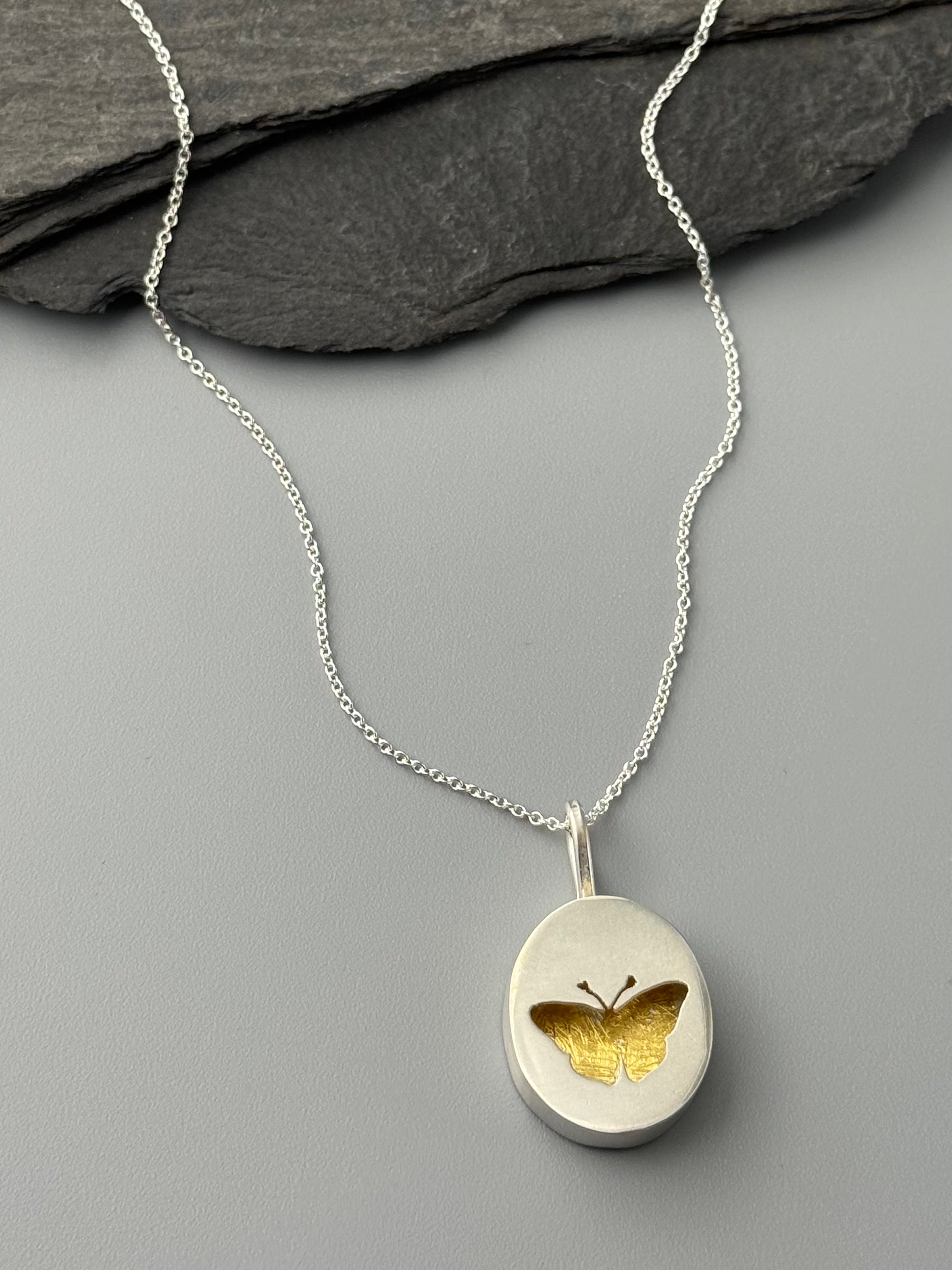 •KEUM-BOO MARIPOSA• silver + gold butterfly shadowbox necklace (18" long)