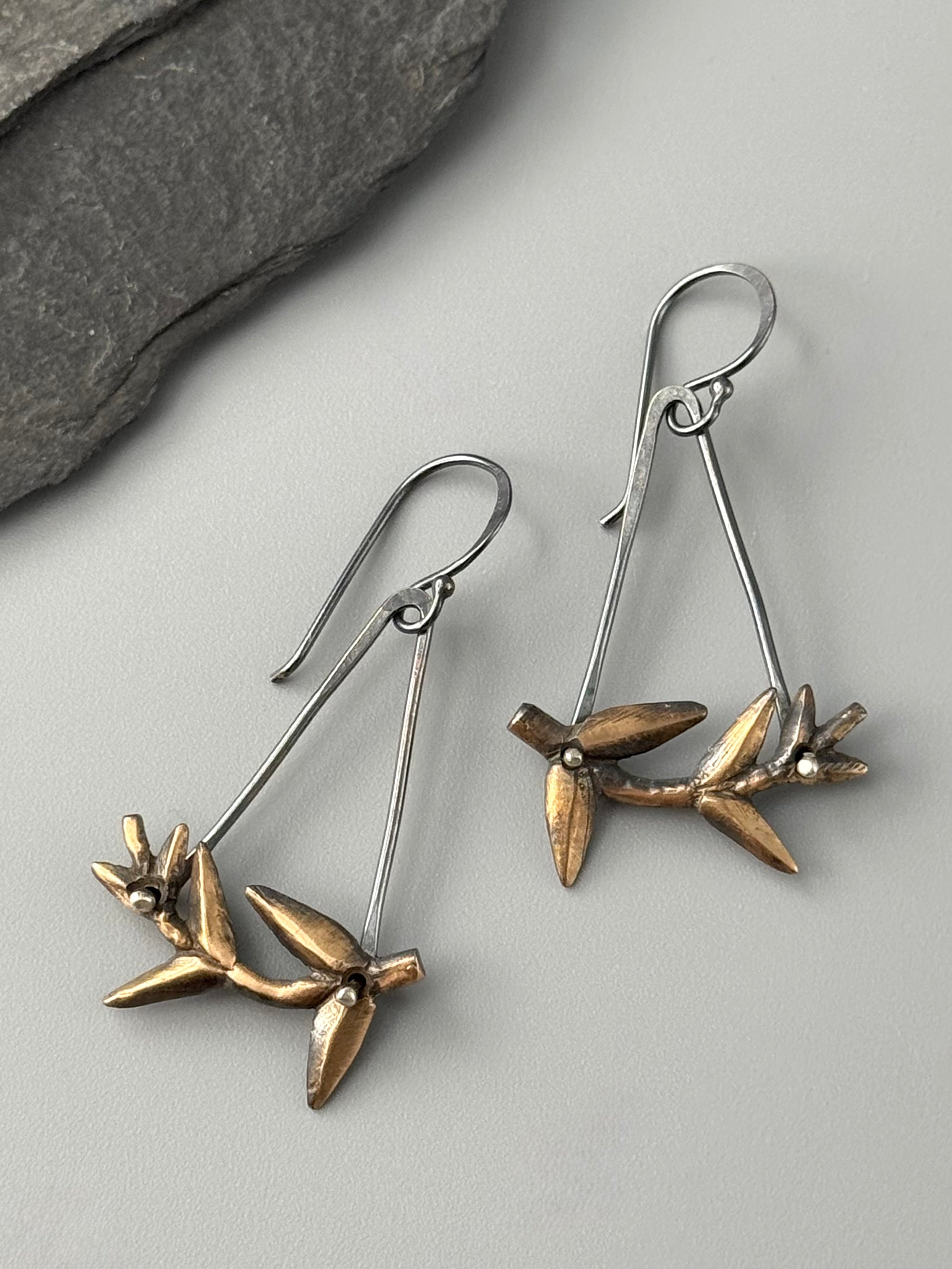 •ANGLED LEAF• mixed metal dangle earrings