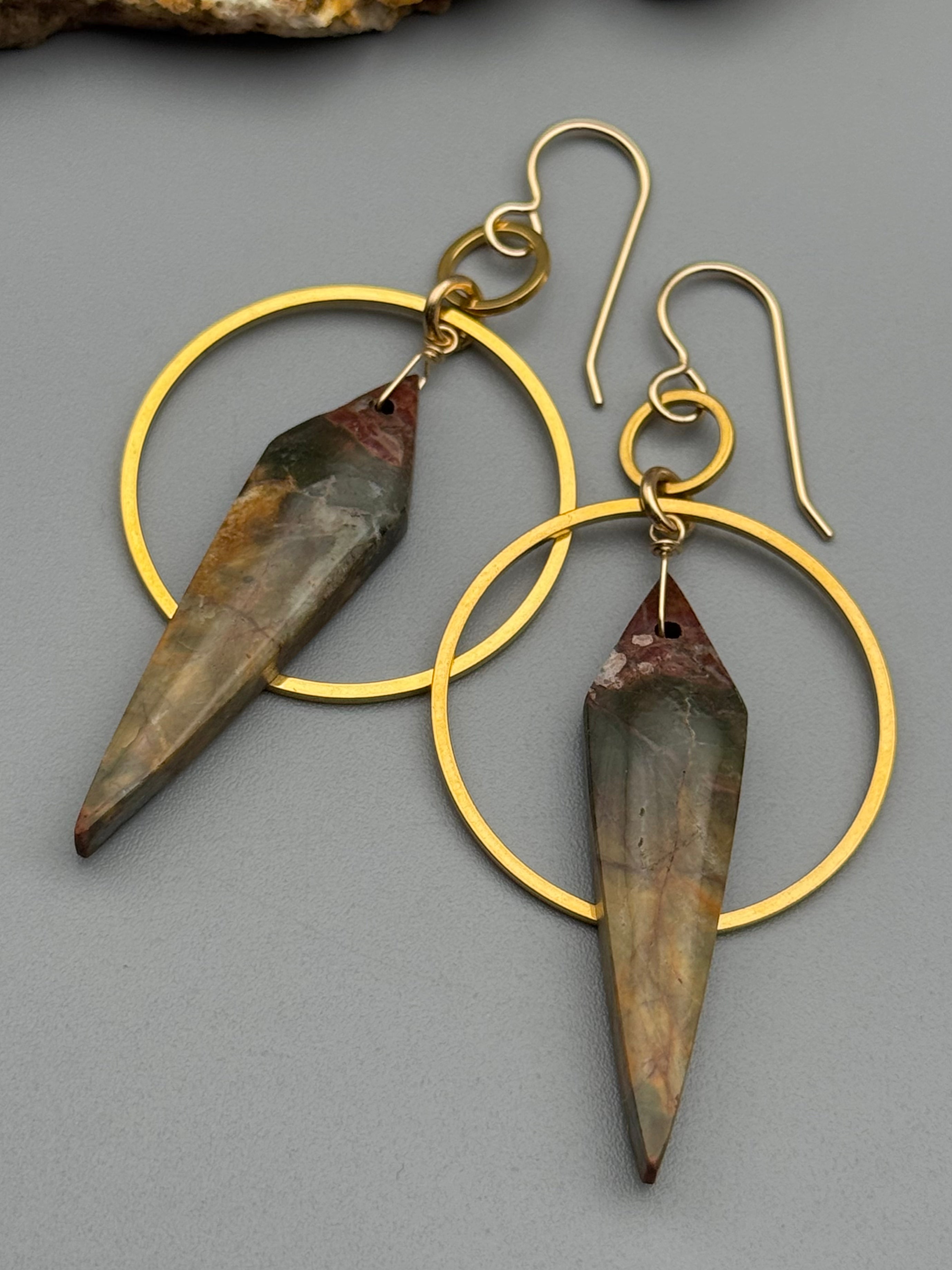 •EQUA-ORBIT• red creek jasper wide spear + gold earrings