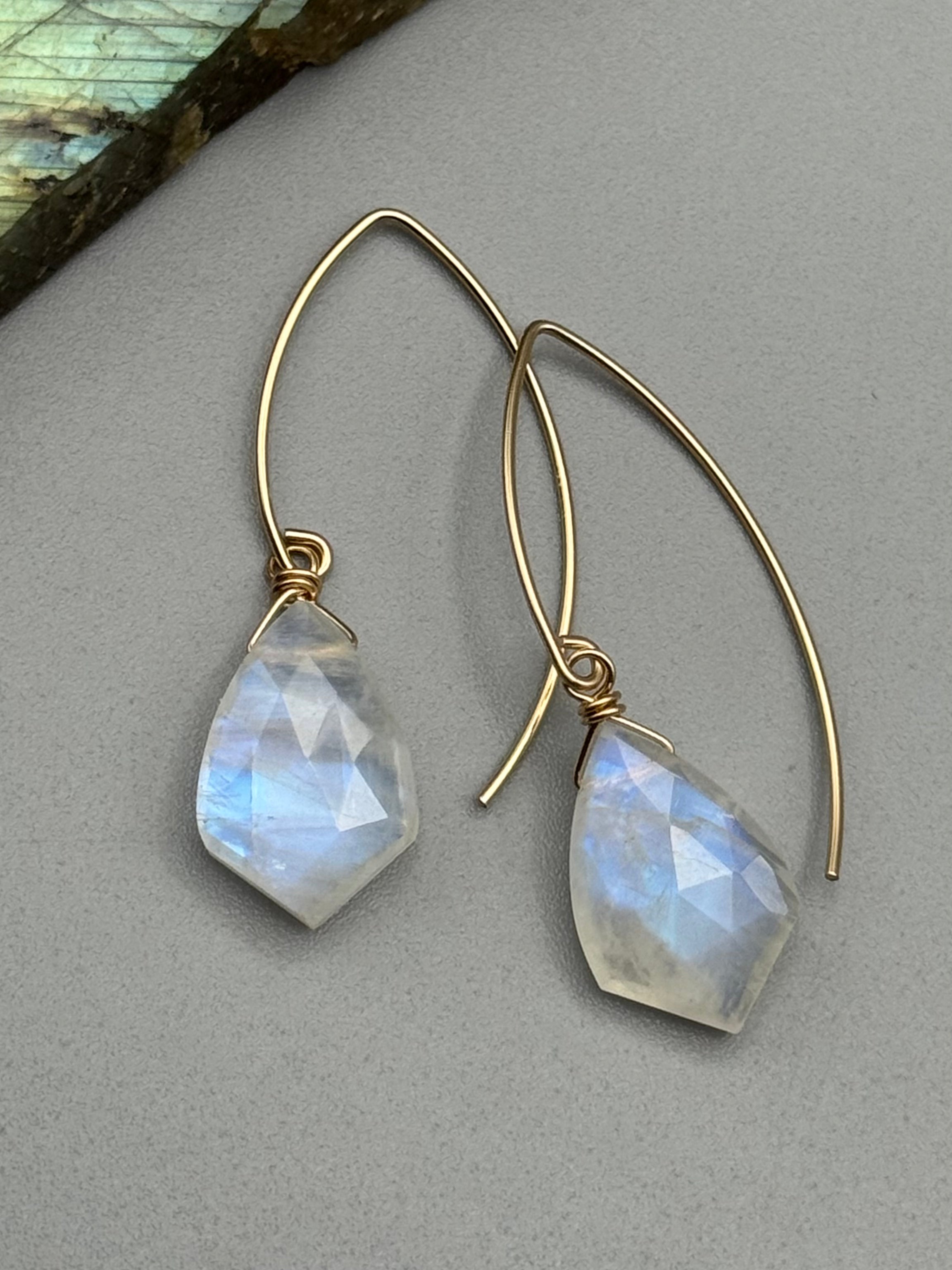 •STRAY• rainbow moonstone sparrow + gold earrings