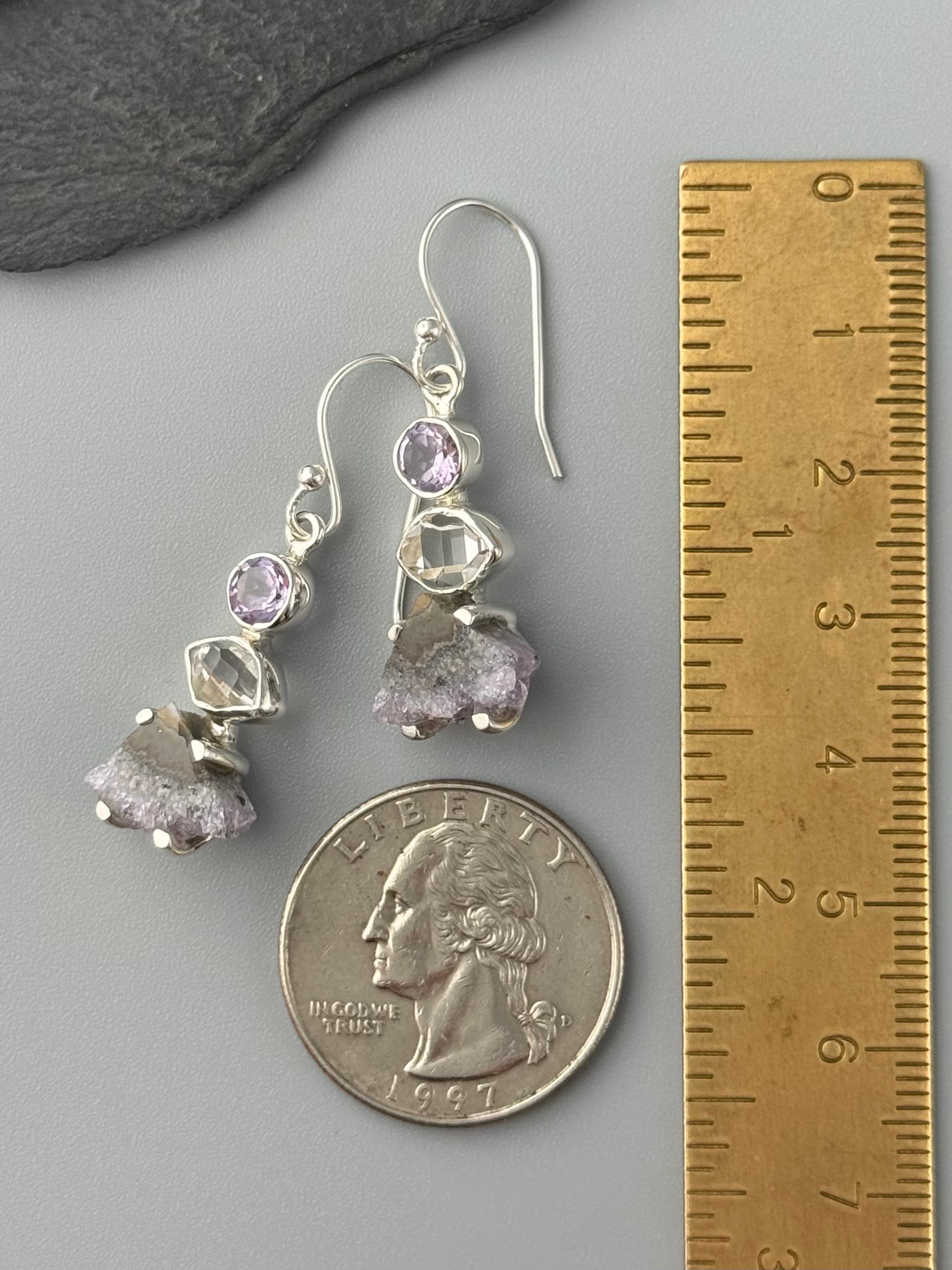 •AMETHYST + HERKIMER DIAMOND - TRIANGLE STACK• silver dangle earrings