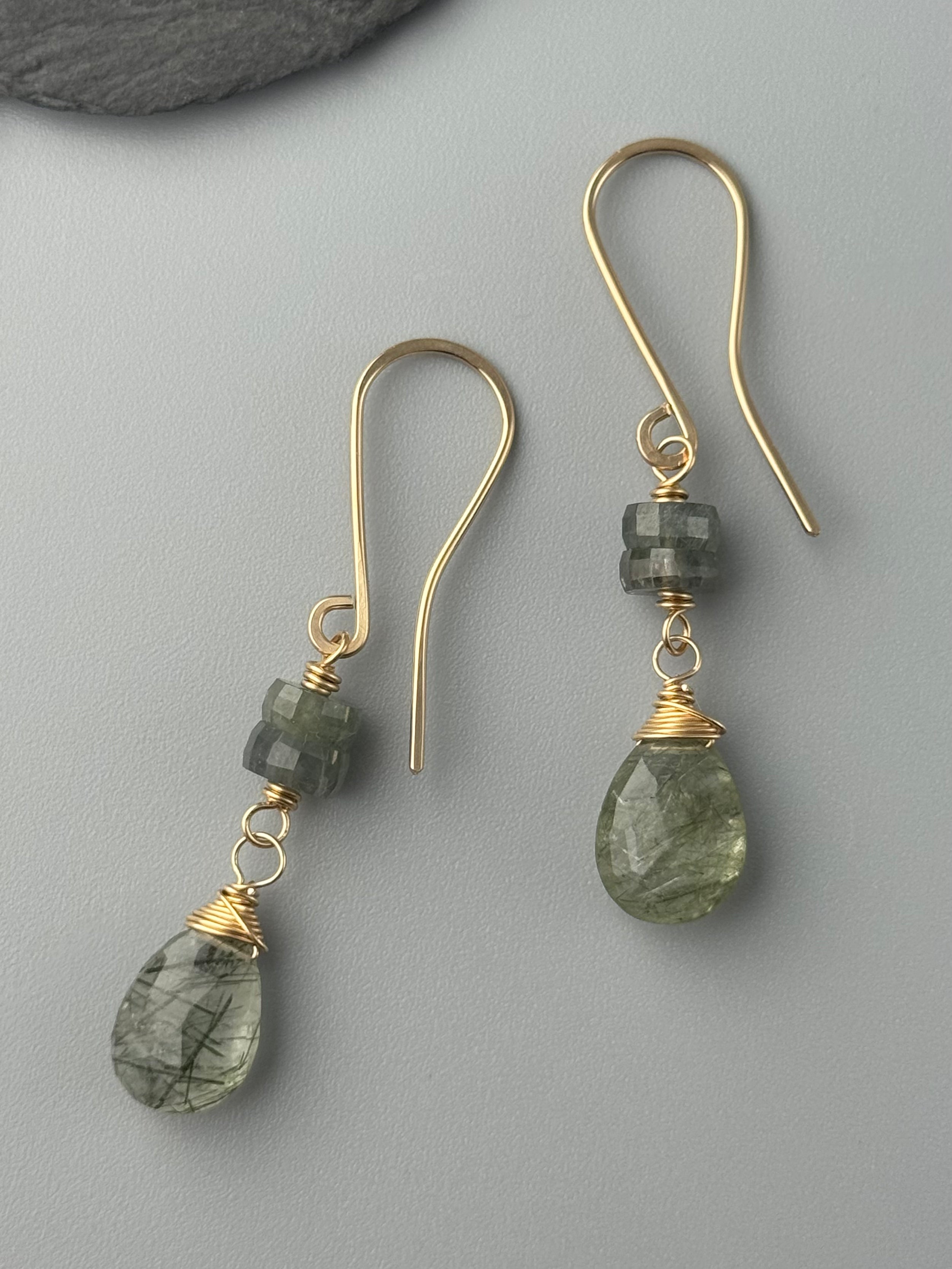 •MOSSY DROP• moss agate + tourmalinated quartz gold dangle earrings