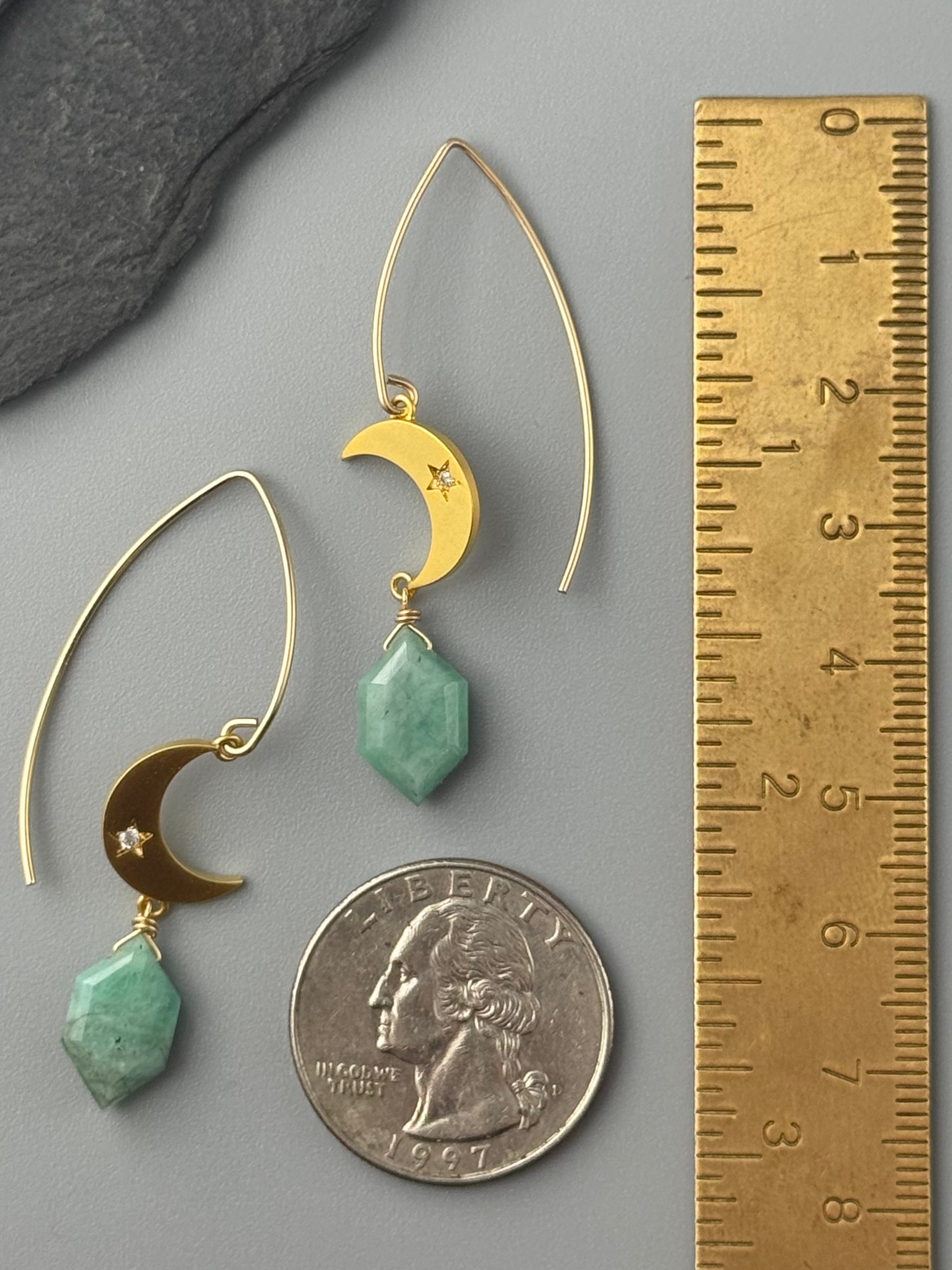 •CRYSTAL CRESCENT• emerald + gold earrings