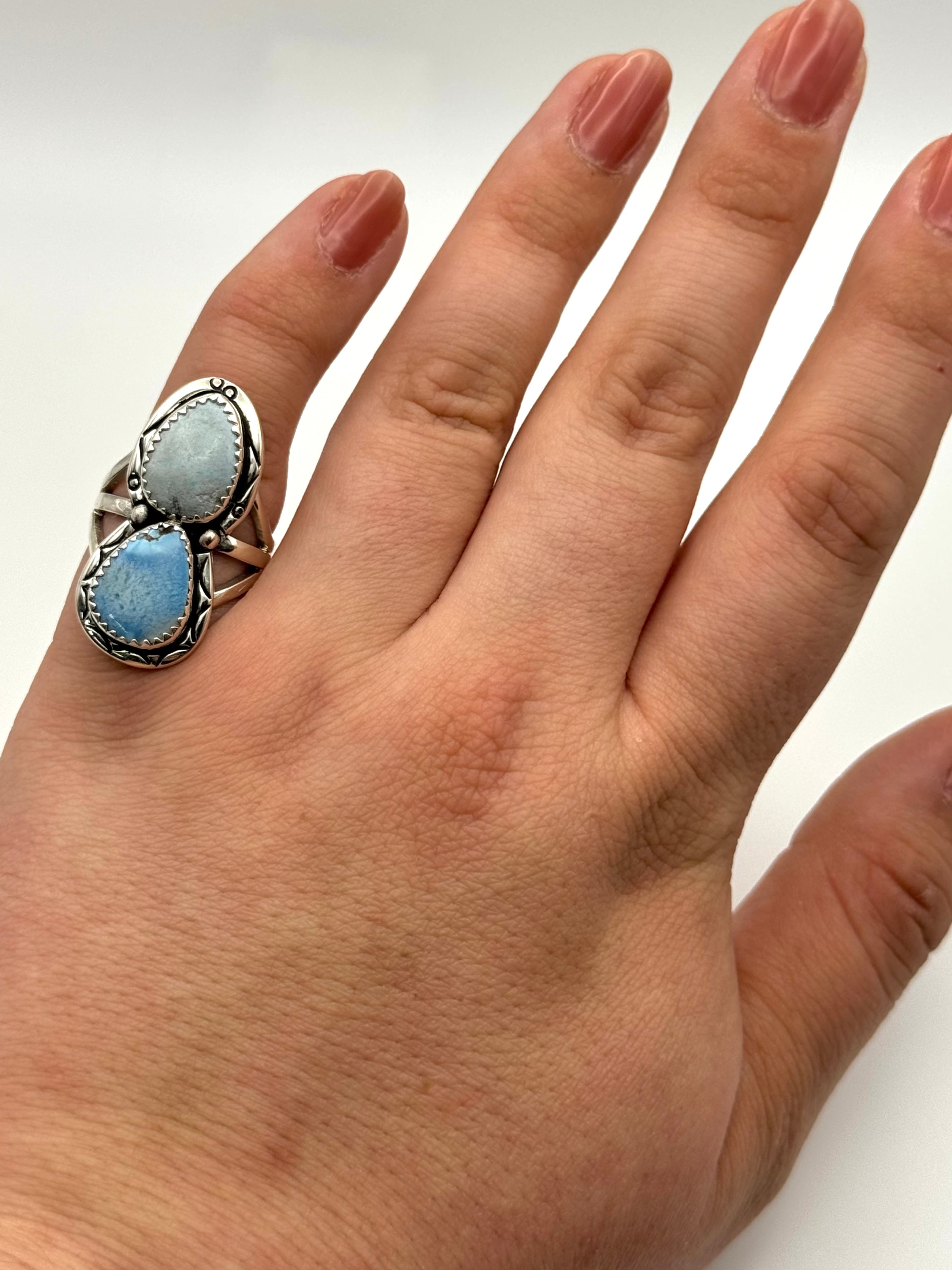 •GOLDEN HILL TURQUOISE• Navajo silver double stone ring (size 6.25)