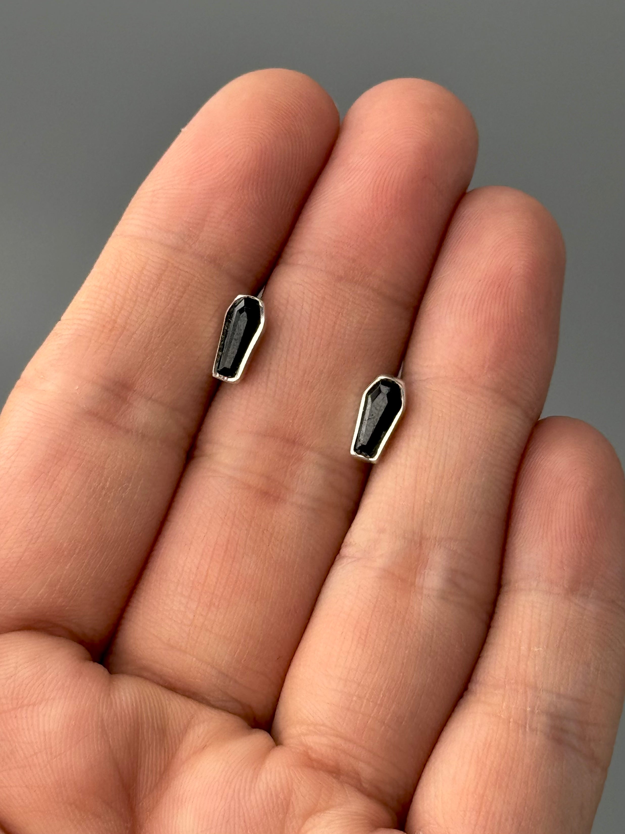 •BLACK TOURMALINE - LIL' COFFINS• silver stud earrings