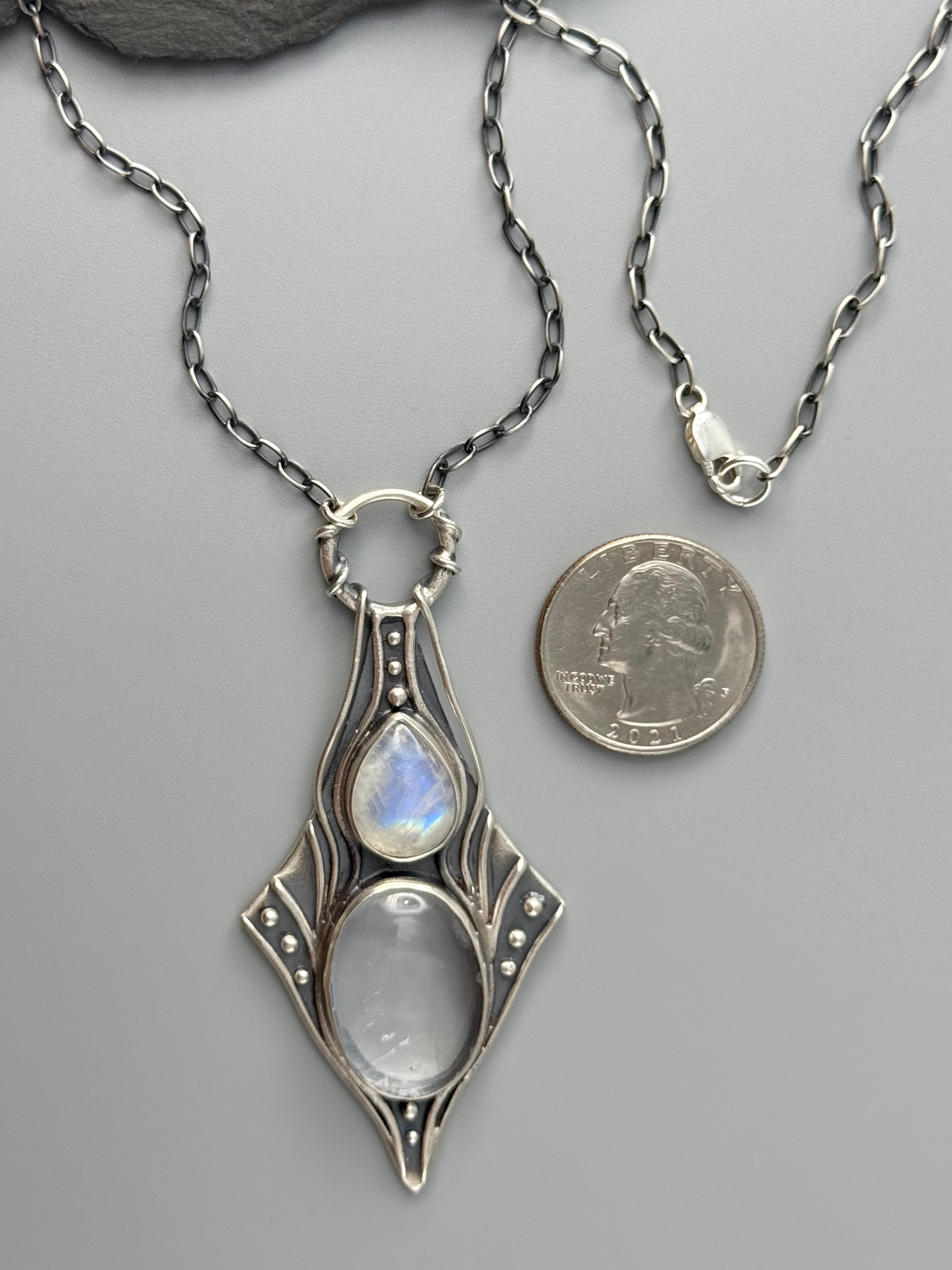 •NIMUE• rainbow moonstone + quartz silver necklace (20" long)