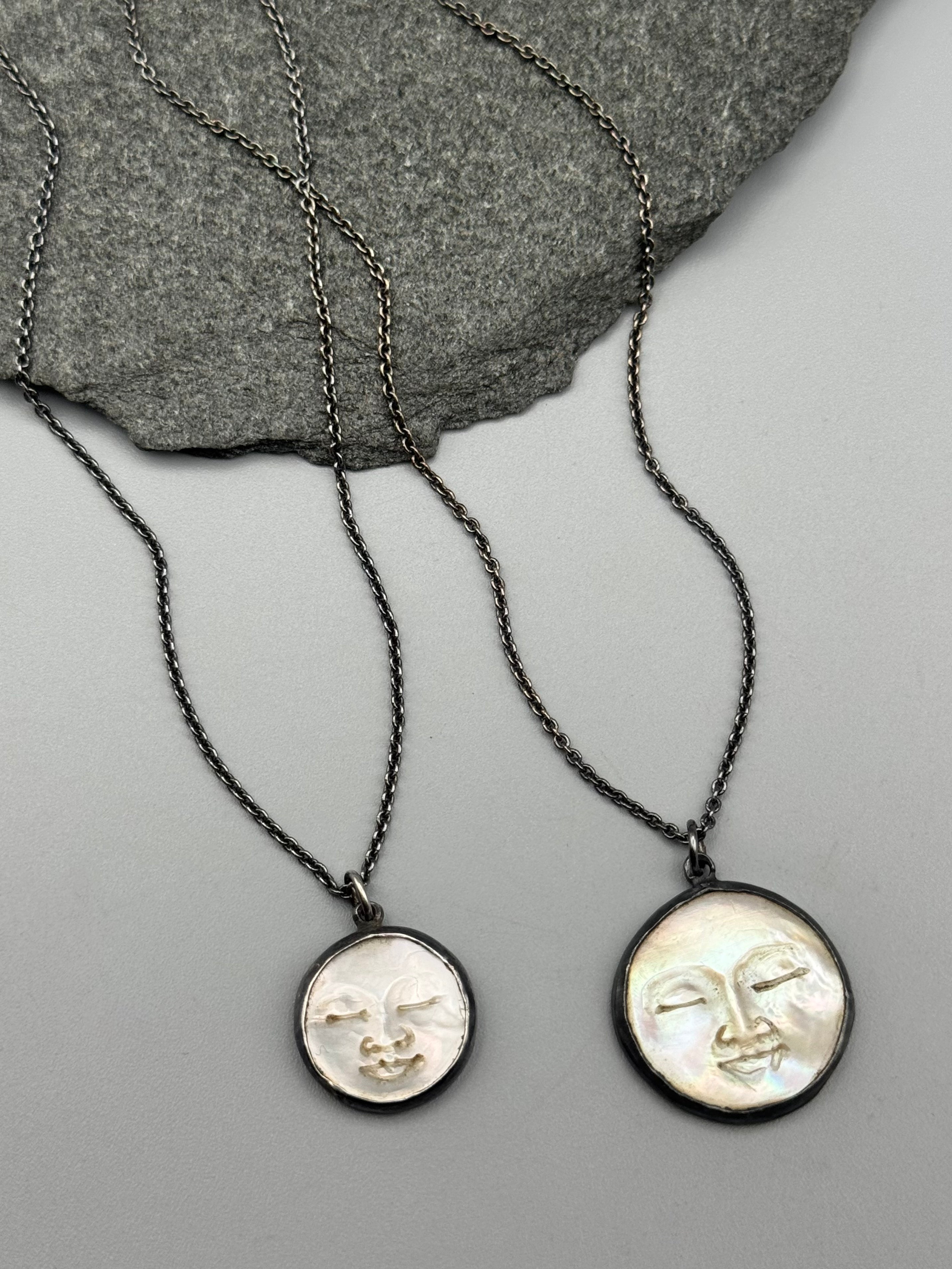 •PEARLESCENT LUNA• carved mother of pearl + silver necklace (various lengths)