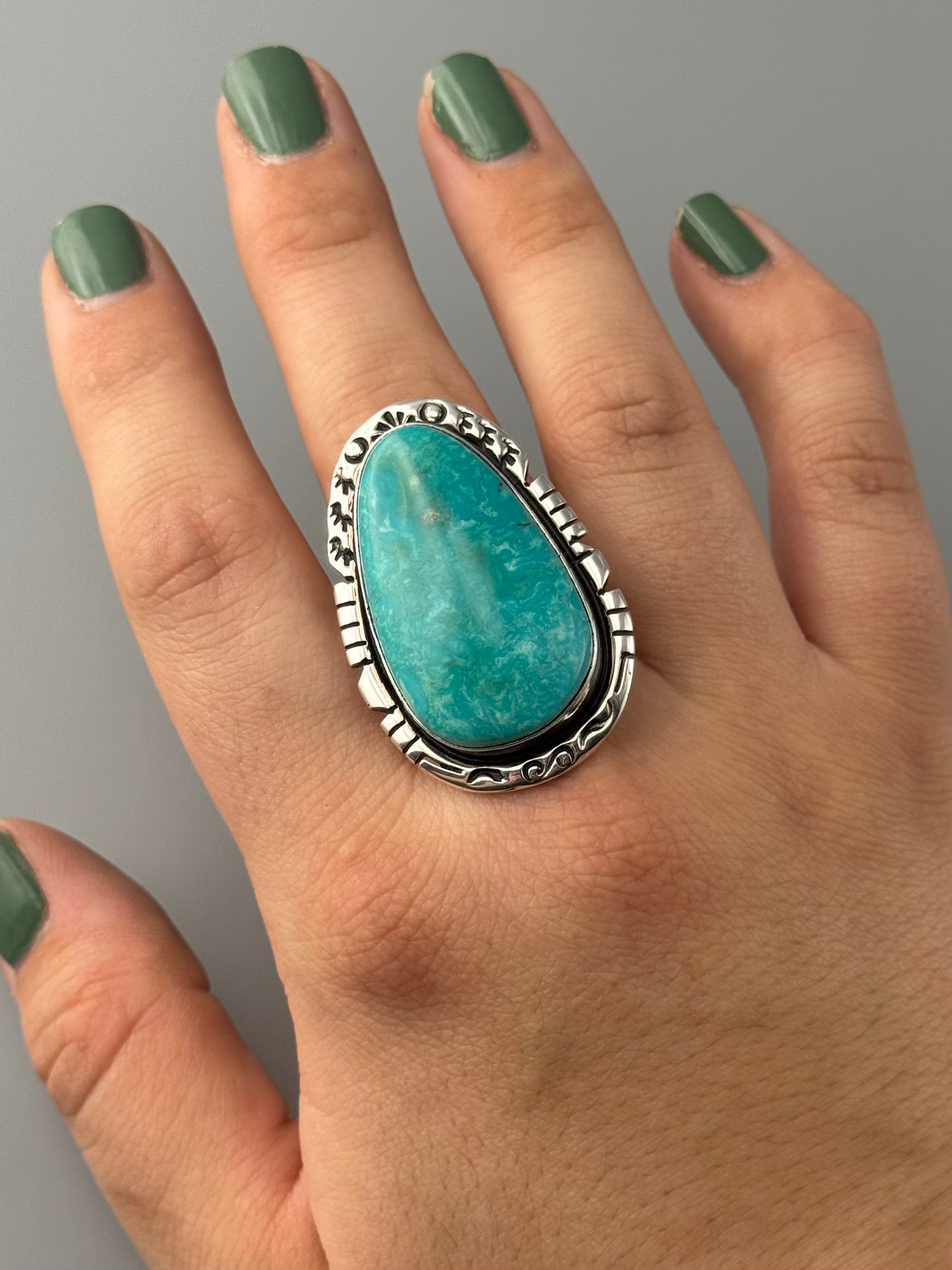 •KINGMAN TURQUOISE - ORENDA• Navajo silver ring (size 9.5)