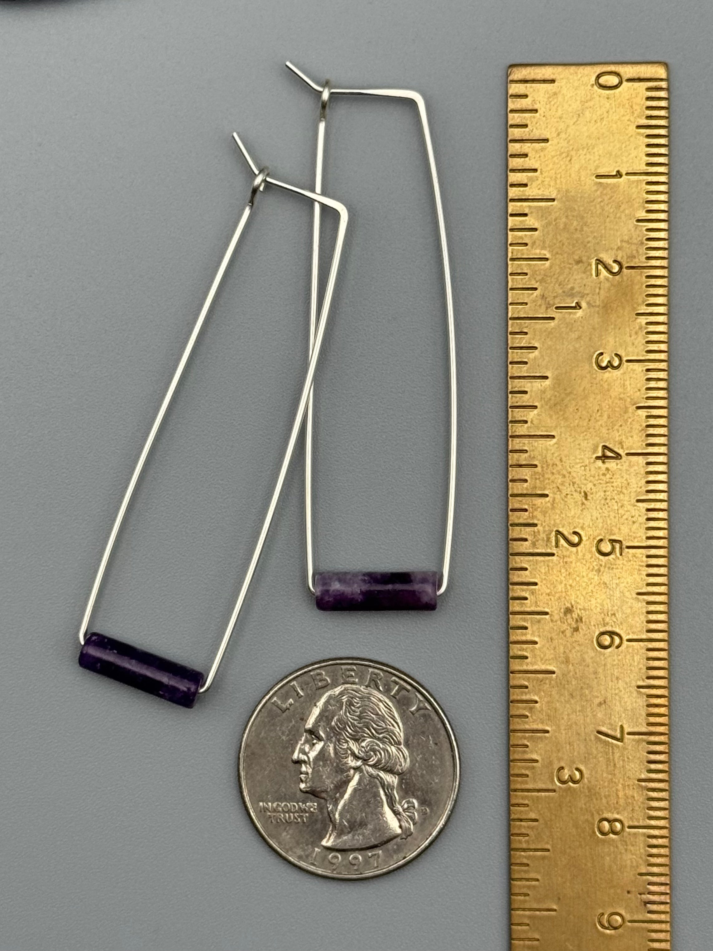 •RECTANGLE TUBE HOOP• amethyst + silver earrings