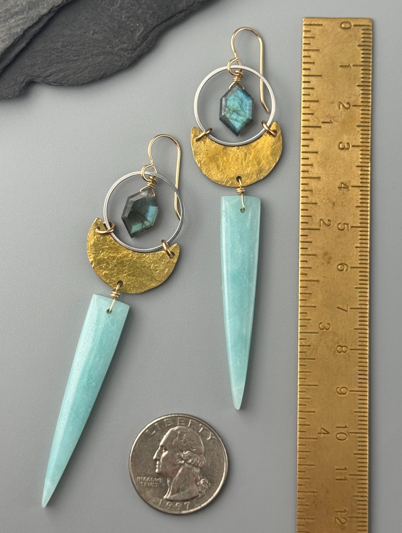 •MOON SHADOW• labradorite + amazonite mixed metal earrings
