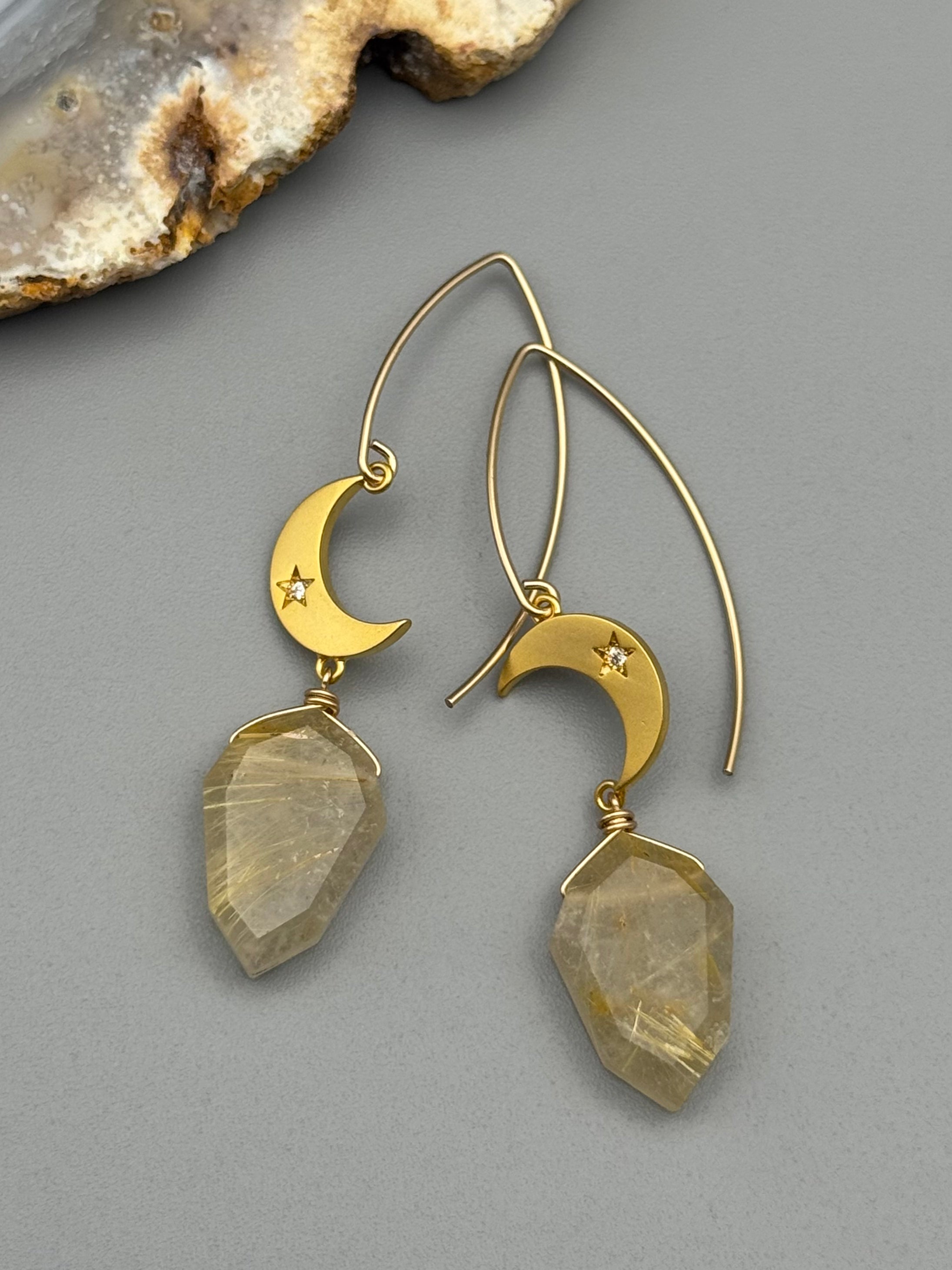 •CRYSTAL CRESCENT• rutilated quartz + gold earrings