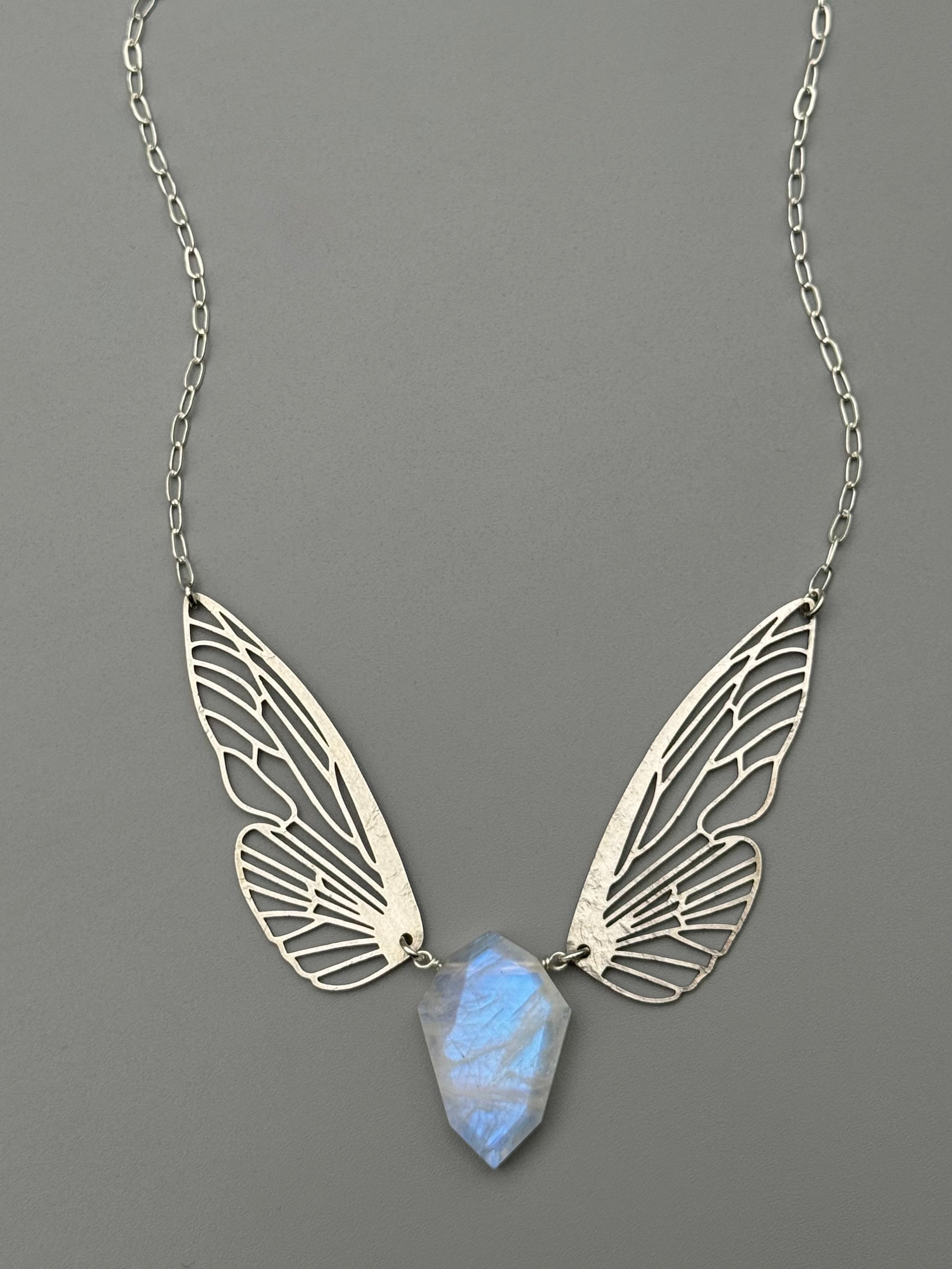•METAMORPH• rainbow moonstone petal + silver necklace (16"-18" long)