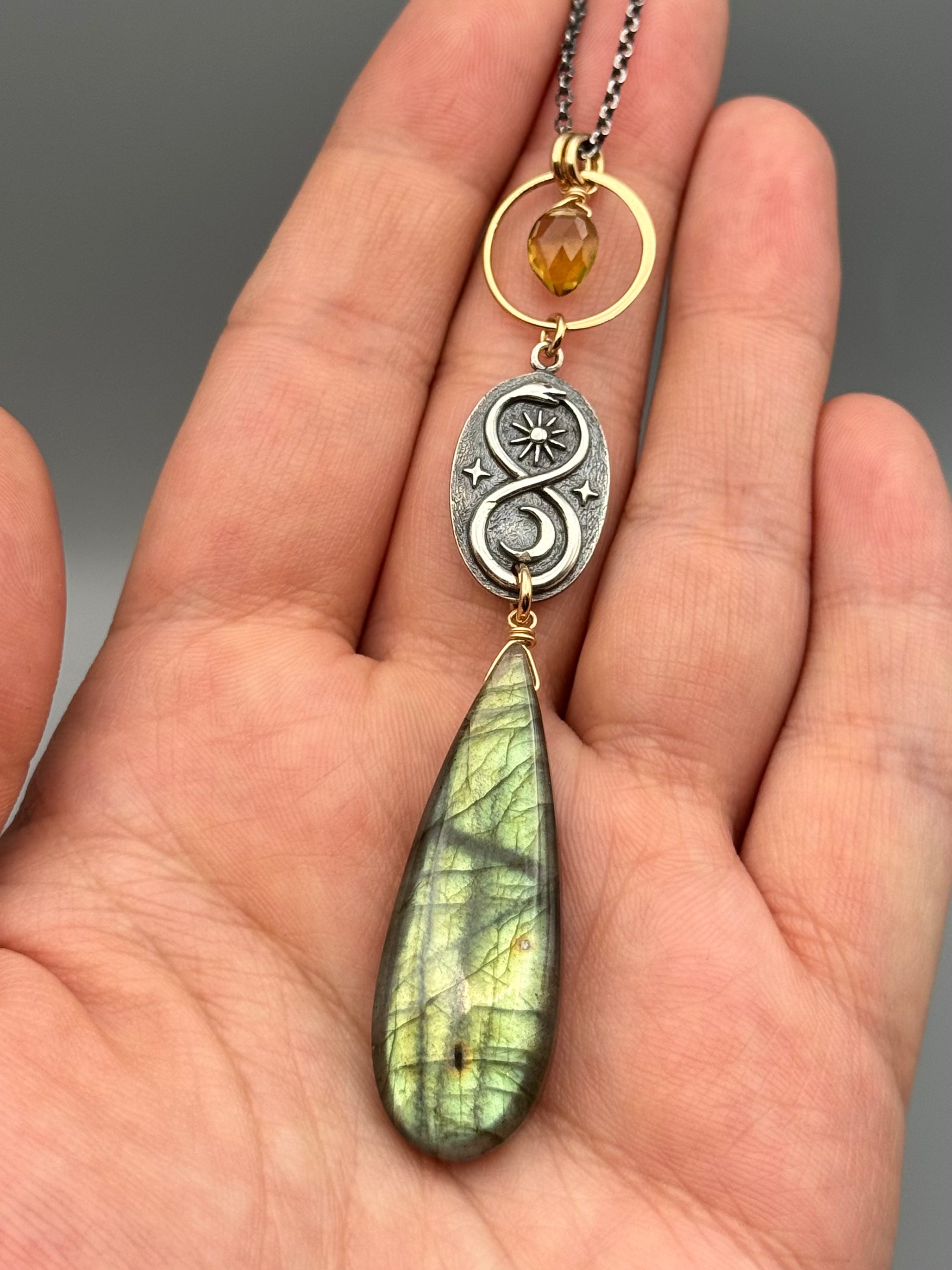 •NĀGA• labradorite + citrine mixed metal necklace (16"-18" long)