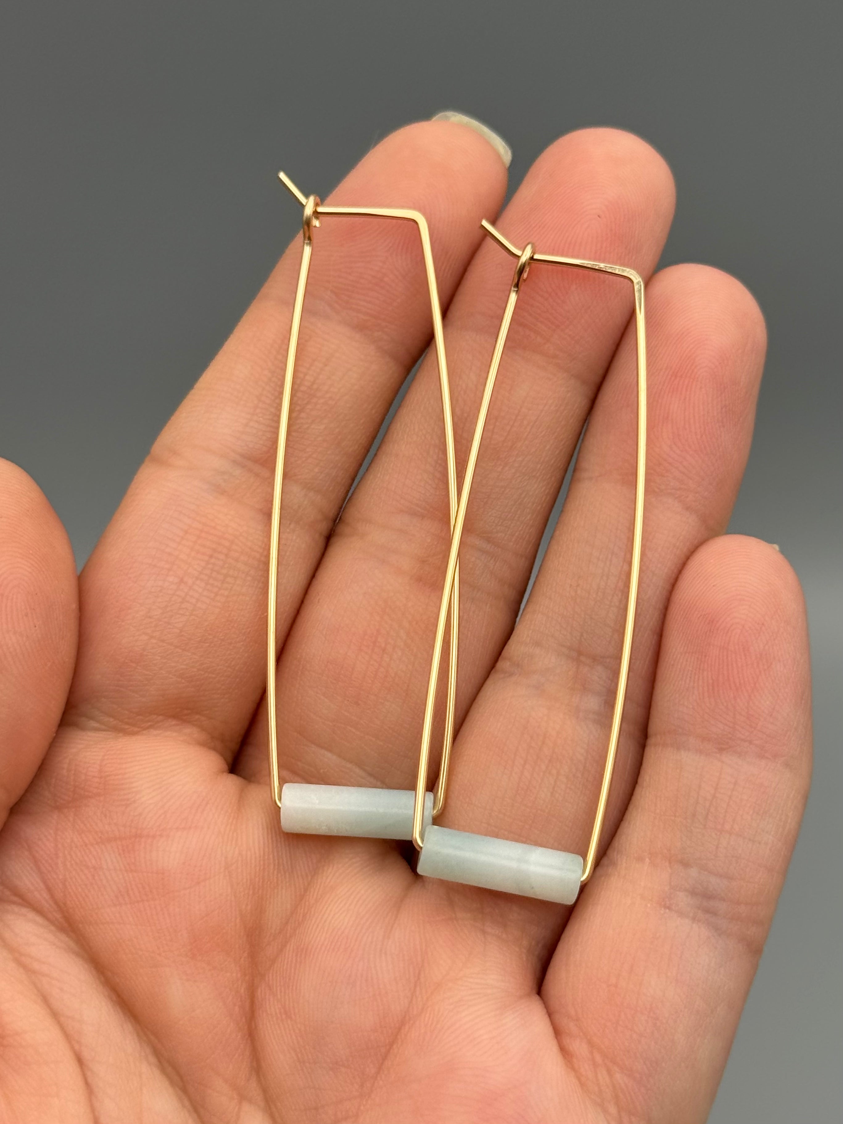 •RECTANGLE TUBE HOOP• aquamarine + gold earrings