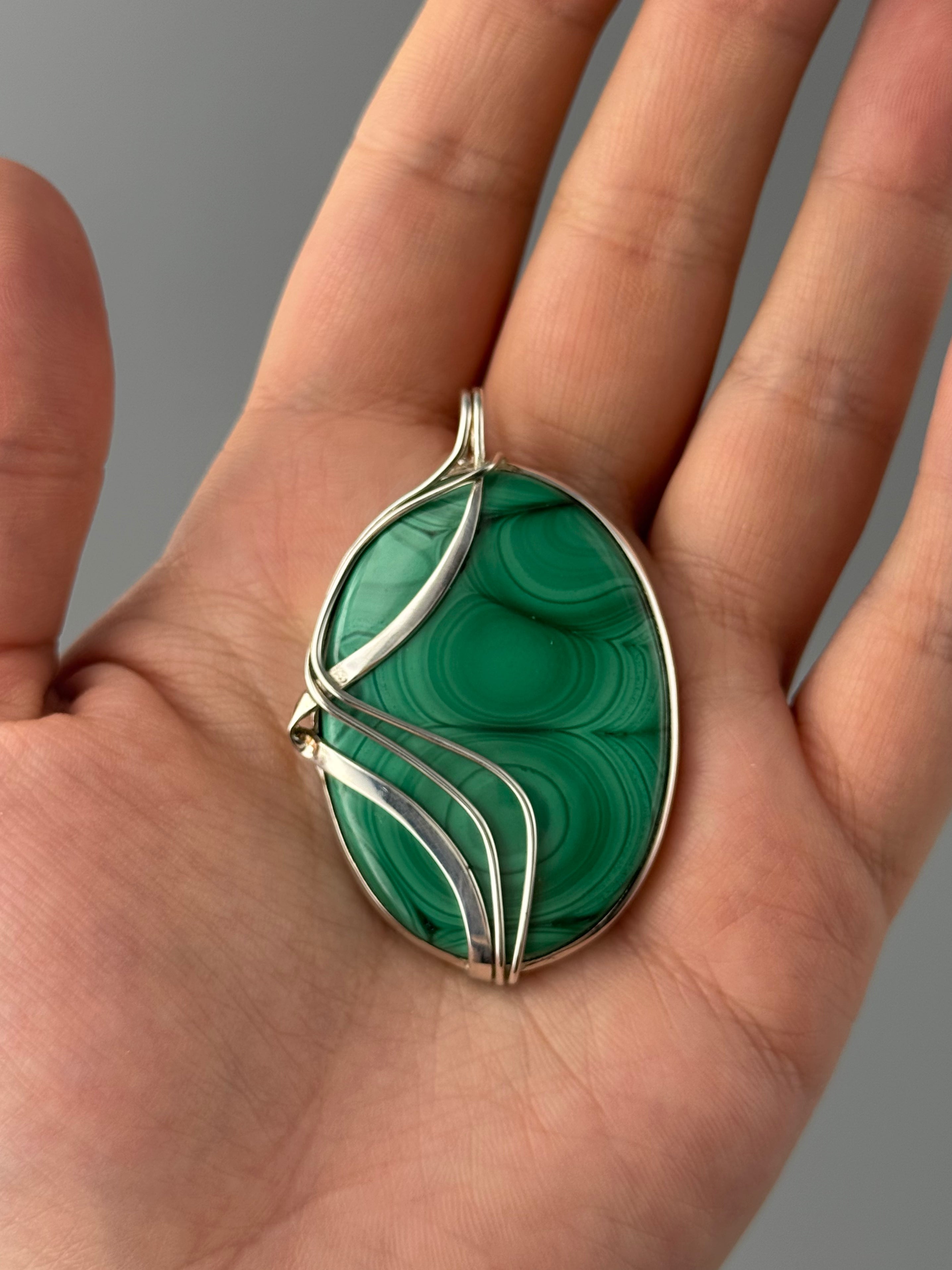 •MALACHITE - WIRE WRAPPED OVAL• sterling silver pendant