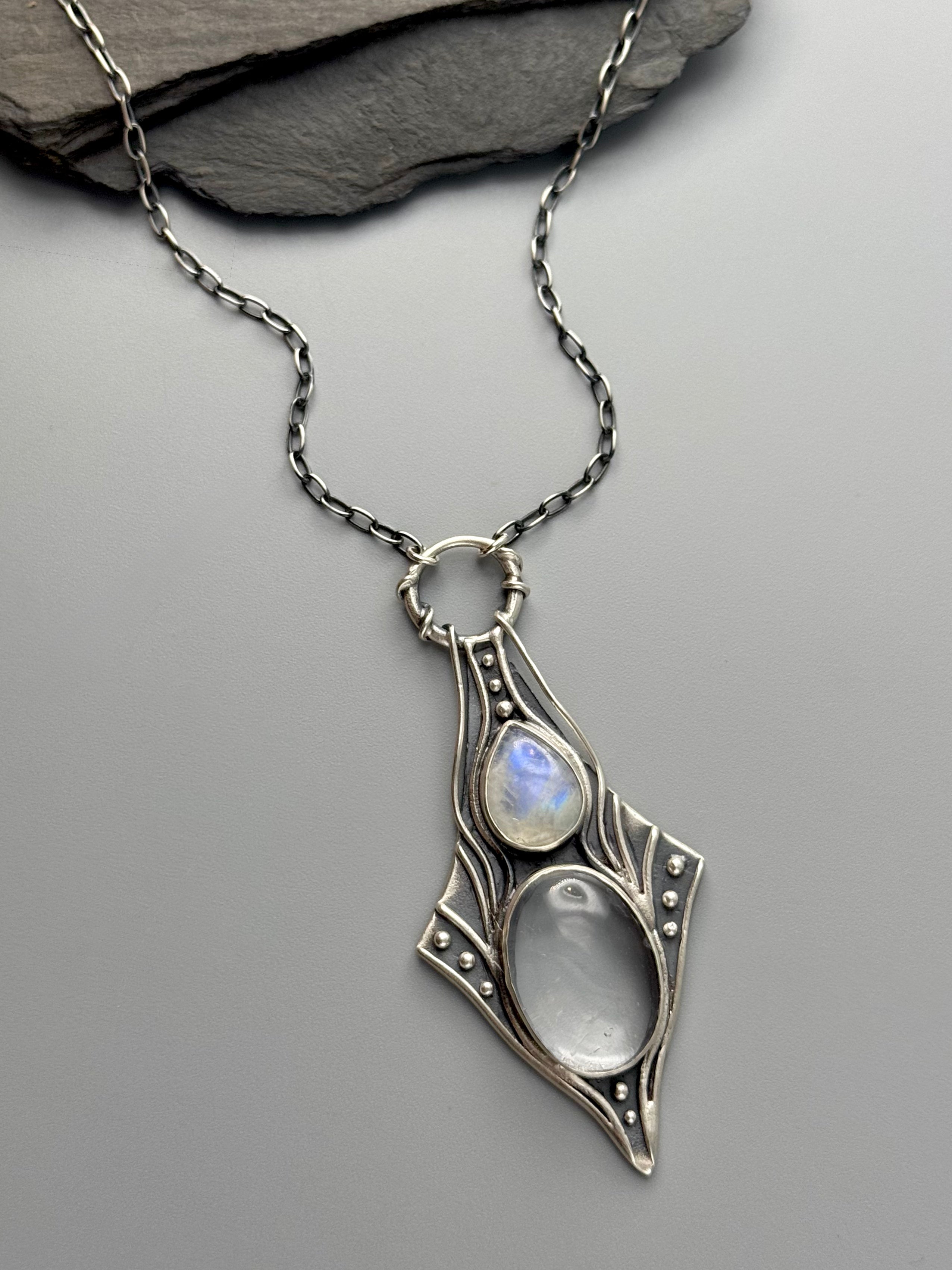 •NIMUE• rainbow moonstone + quartz silver necklace (20" long)