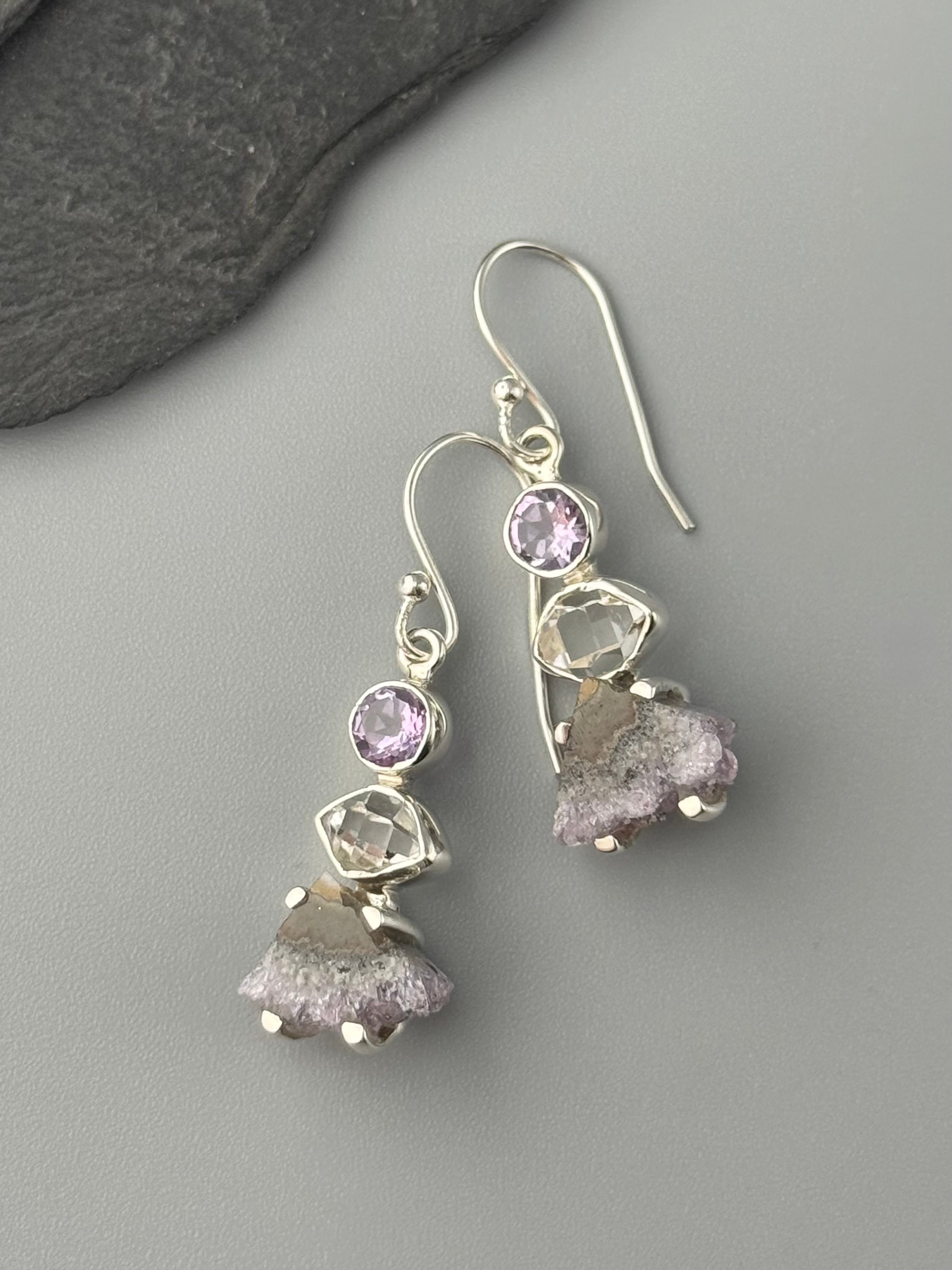 •AMETHYST + HERKIMER DIAMOND - TRIANGLE STACK• silver dangle earrings