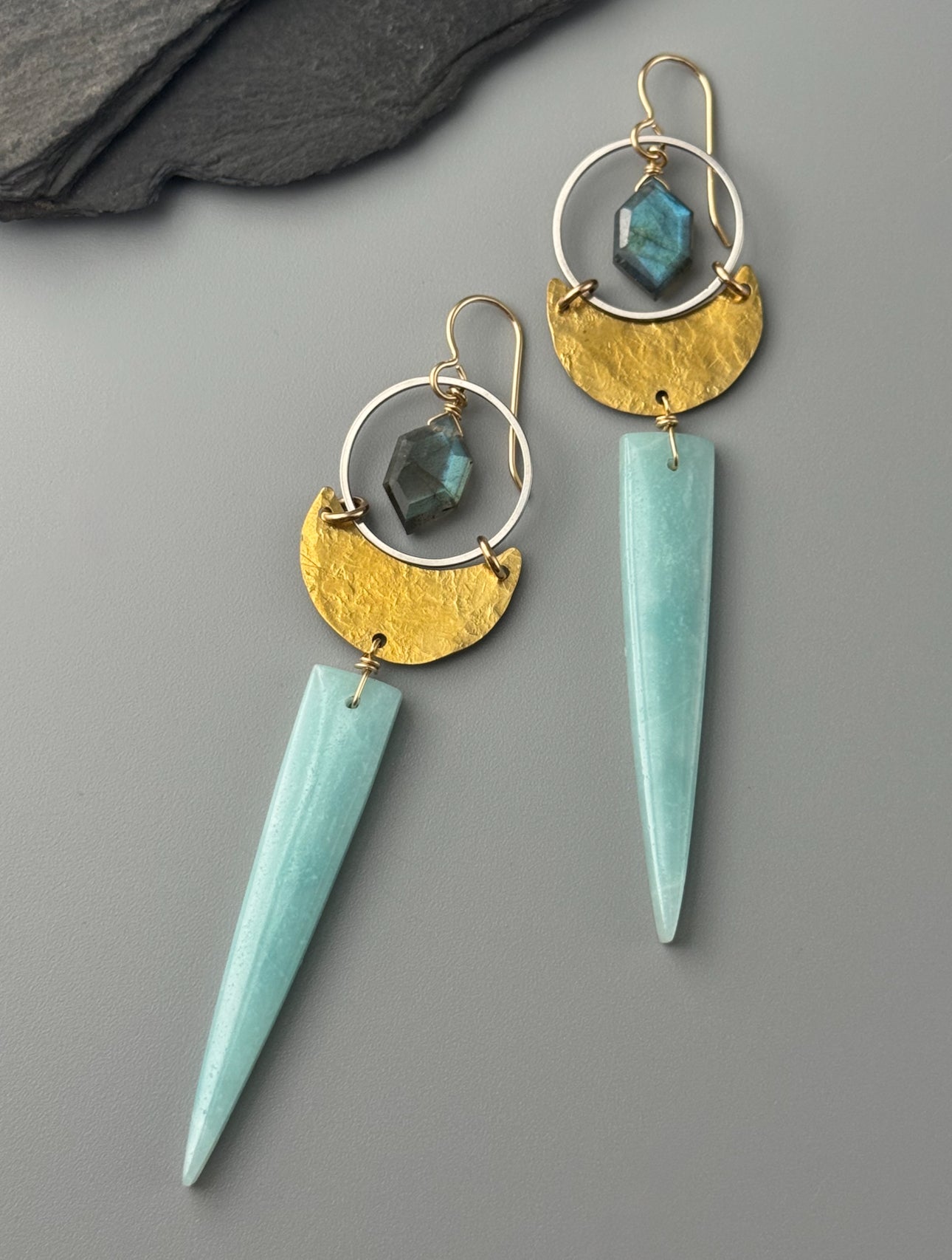 •MOON SHADOW• labradorite + amazonite mixed metal earrings