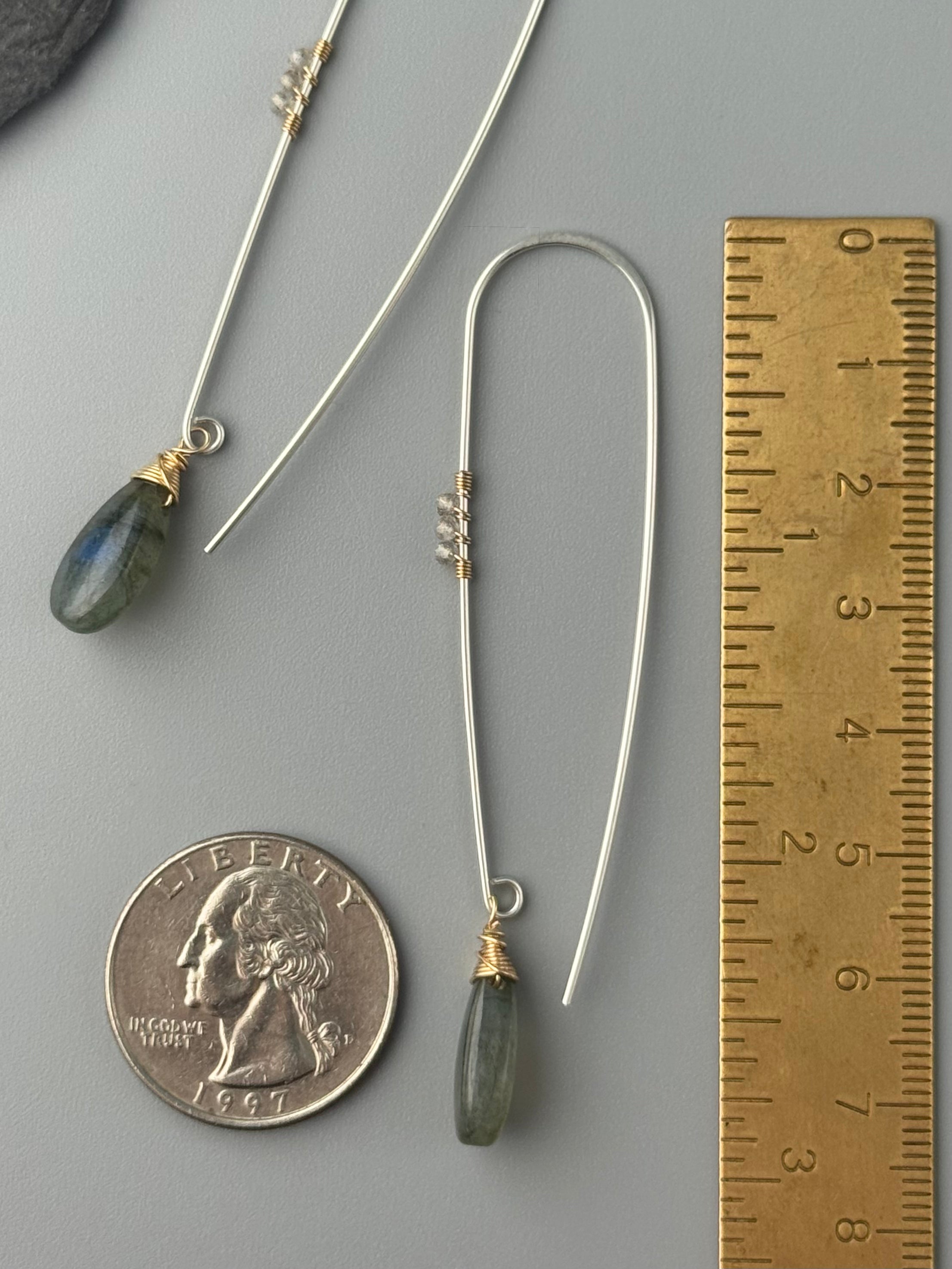 •SLENDER STORM THREADER• labradorite + mixed metal dangle earrings