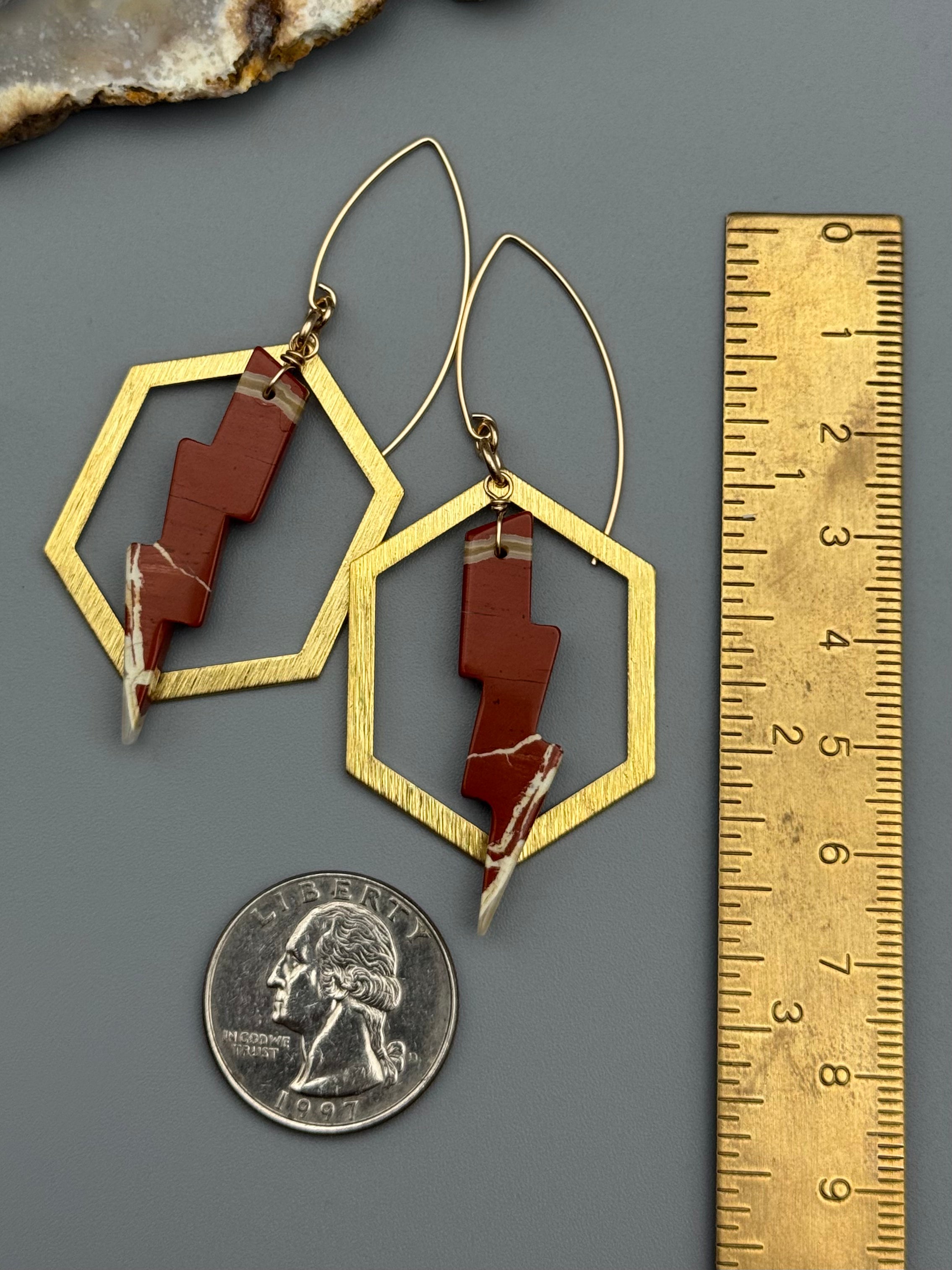 •HEX LIGHTNING• red jasper + gold earrings