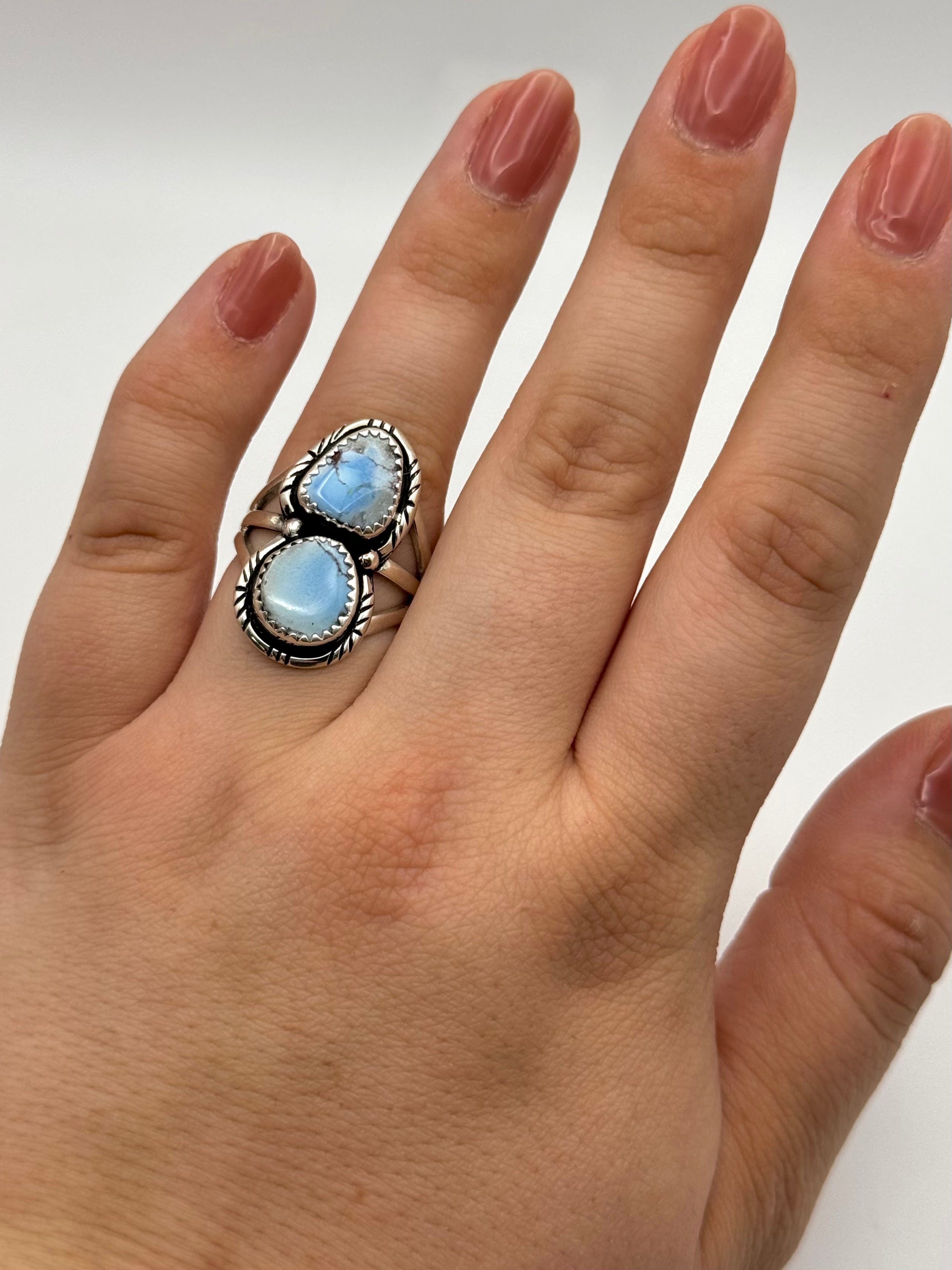 •GOLDEN HILL TURQUOISE - 2• Navajo silver double stone ring (size 8)