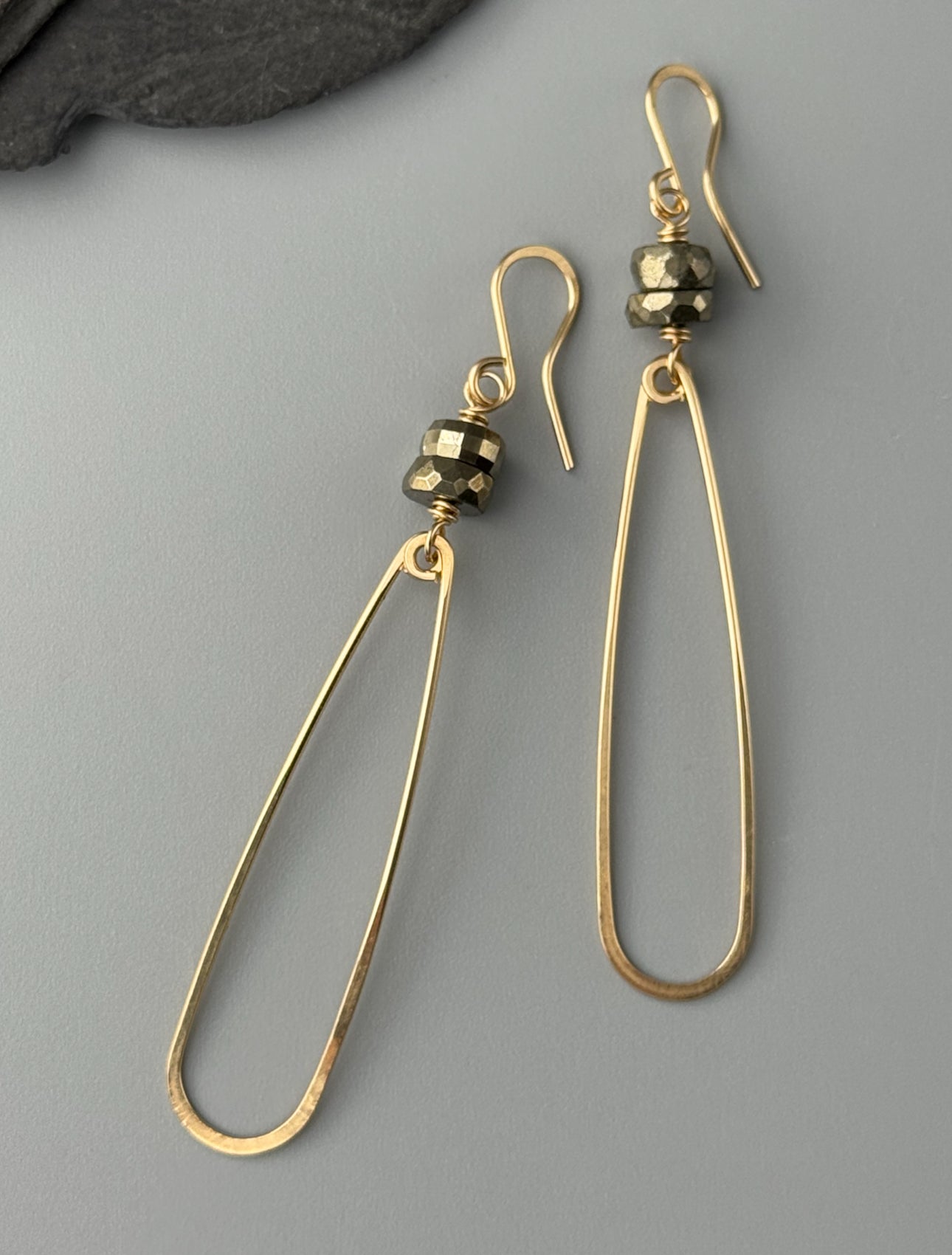 •STACKED TEARDROP• pyrite + gold dangle earrings