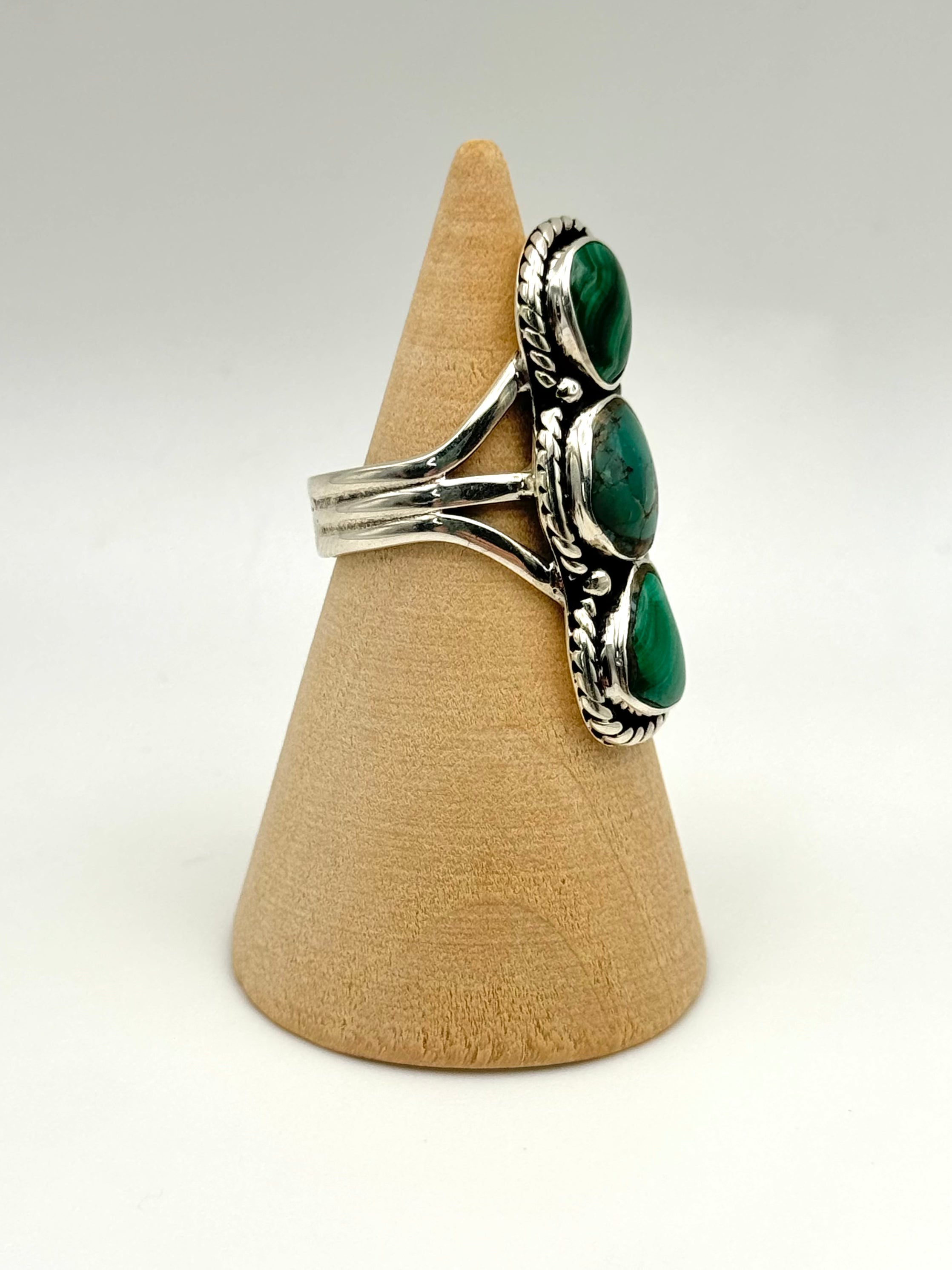 •MALACHITE + TURQUOISE• Navajo silver triple stone ring (size 5.75)