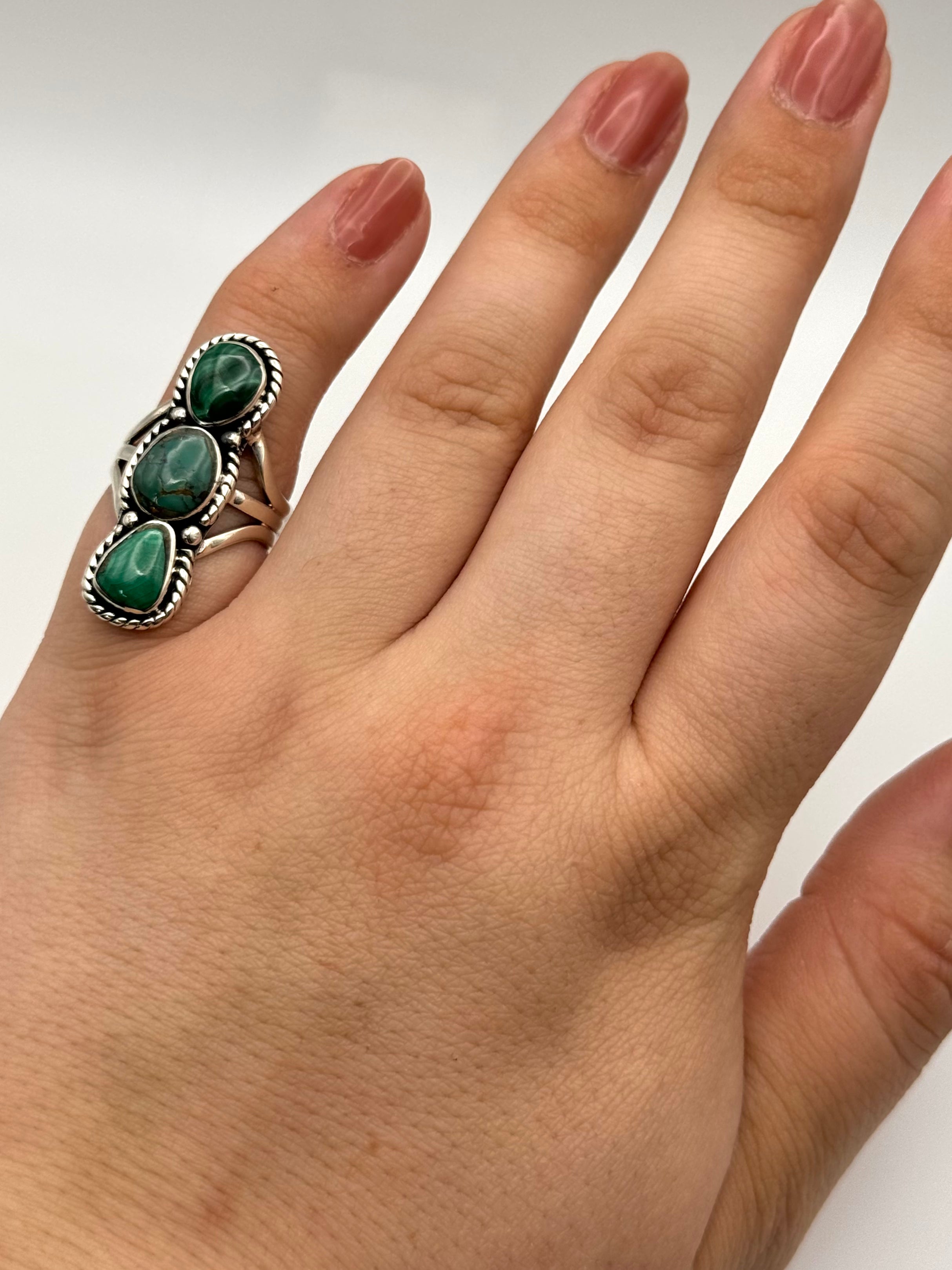 •MALACHITE + TURQUOISE• Navajo silver triple stone ring (size 5.75)