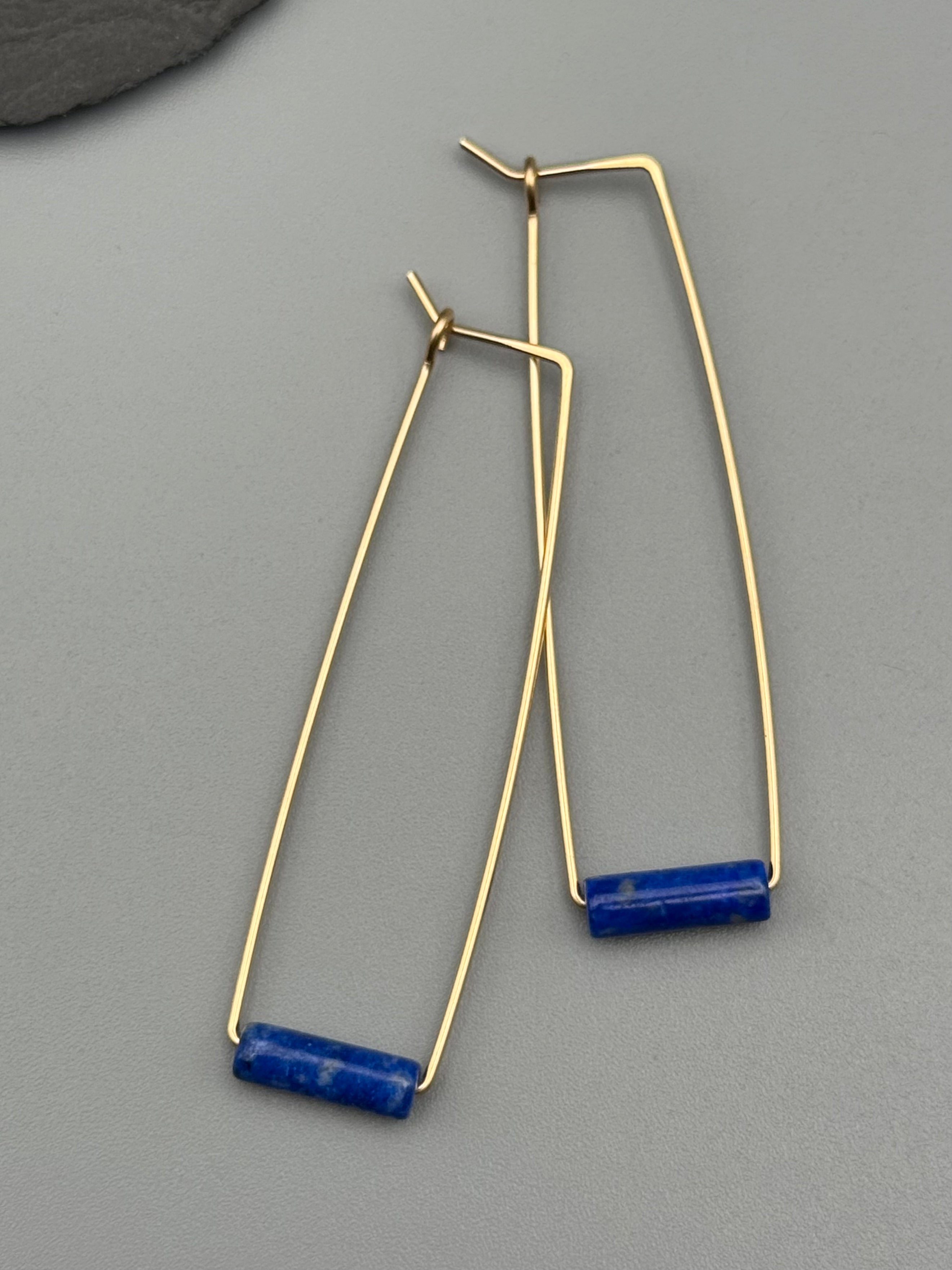 •RECTANGLE TUBE HOOP• lapis + gold earrings