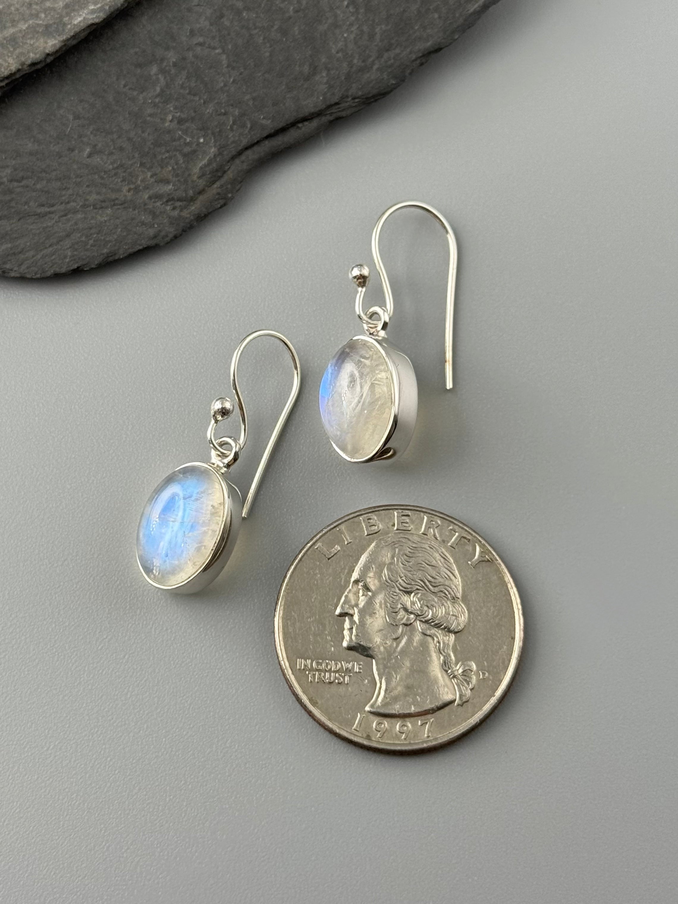•RAINBOW MOONSTONE - SMALL OVAL• silver dangle earrings