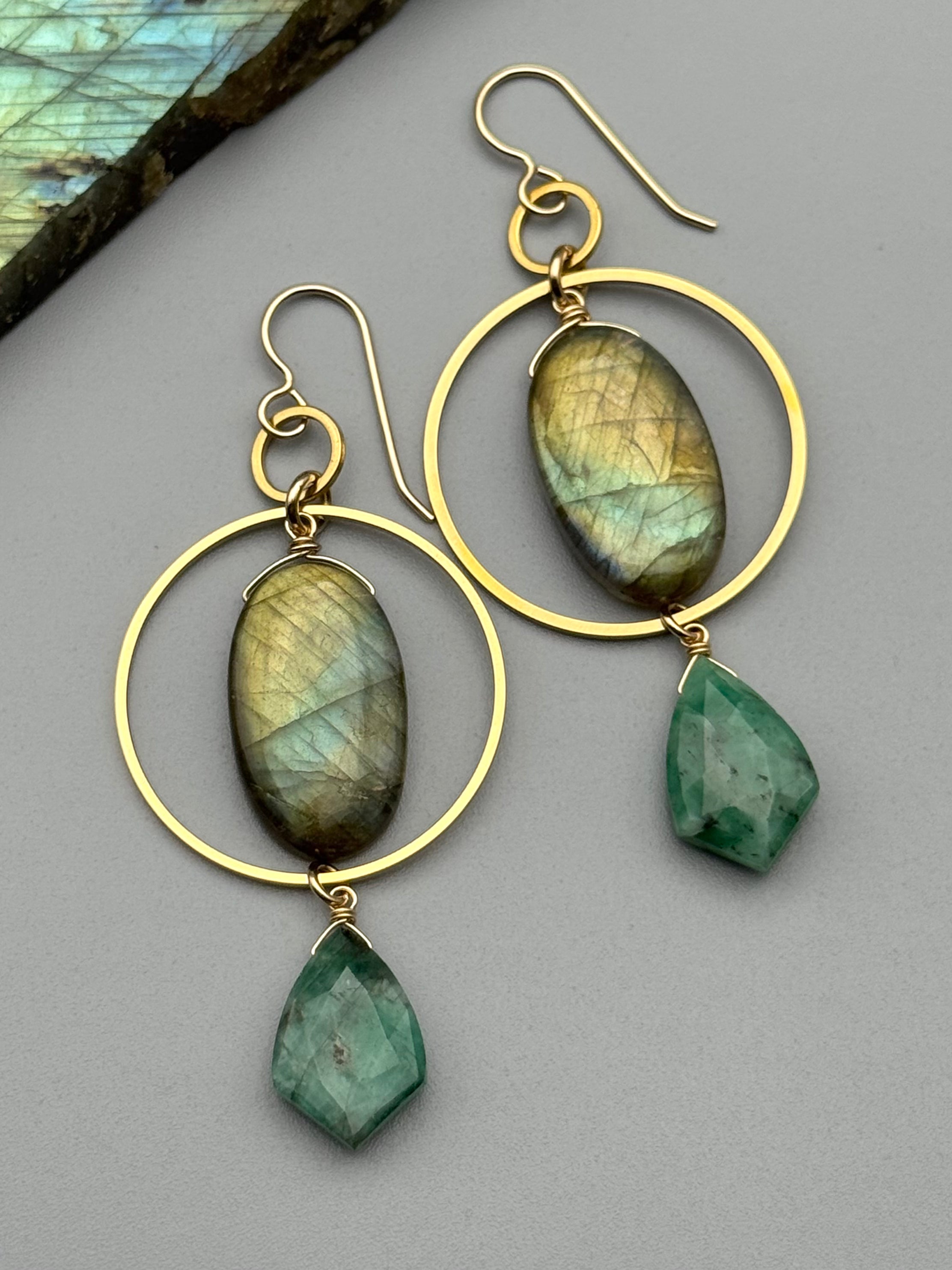 •EQUA-LUNA• labradorite + emerald gold earrings