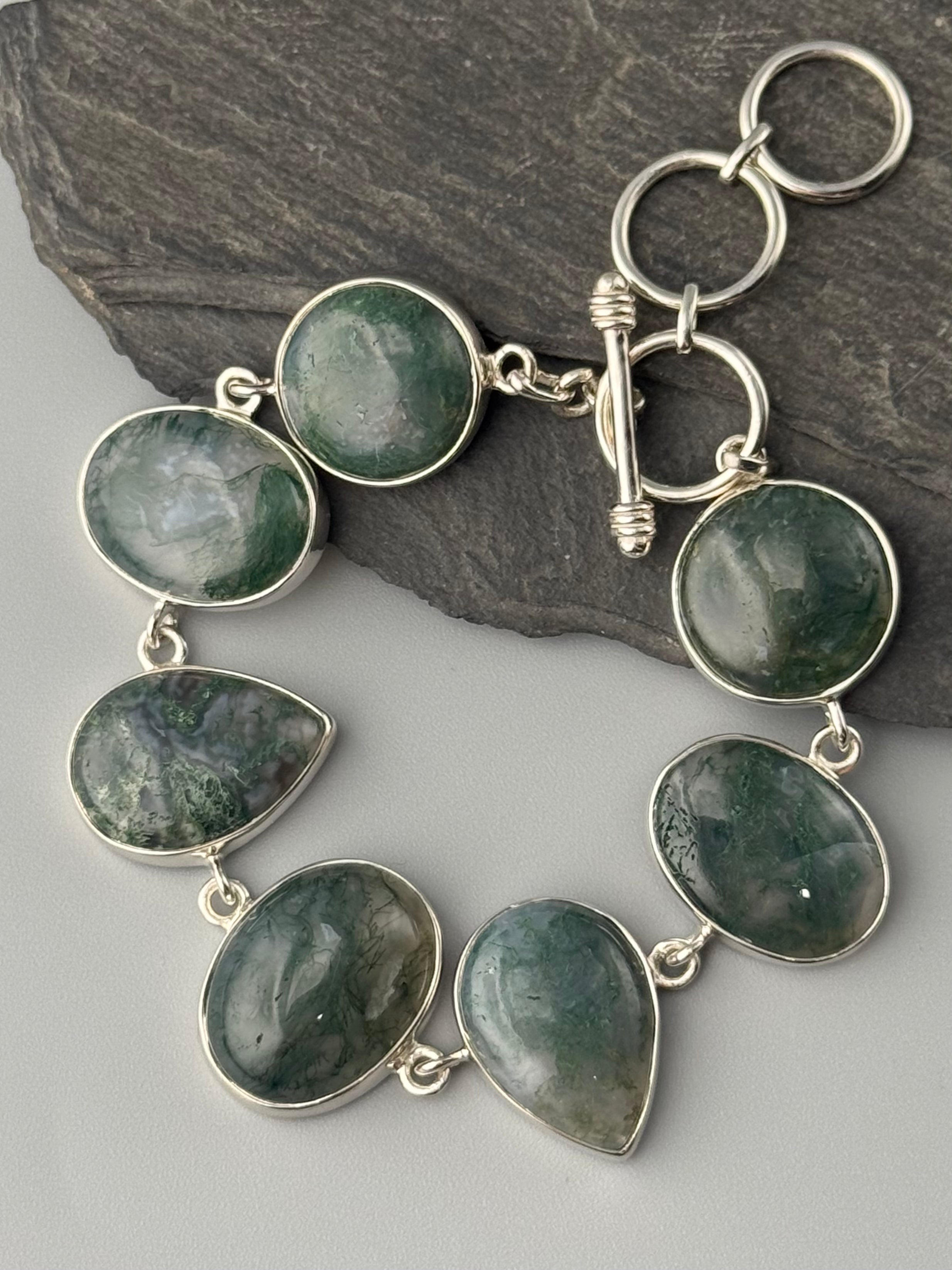 •MOSS AGATE - GEO MIX• linked silver bracelet (6.75" - 8")