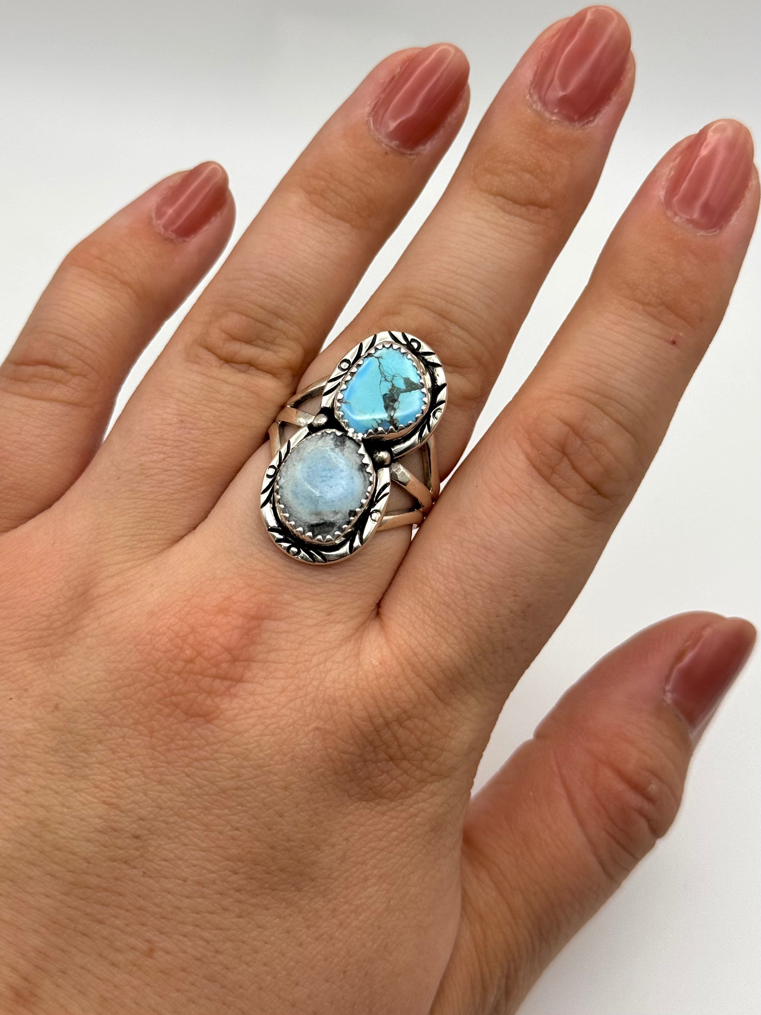 •GOLDEN HILL TURQUOISE• Navajo silver double stone ring (size 9.25)