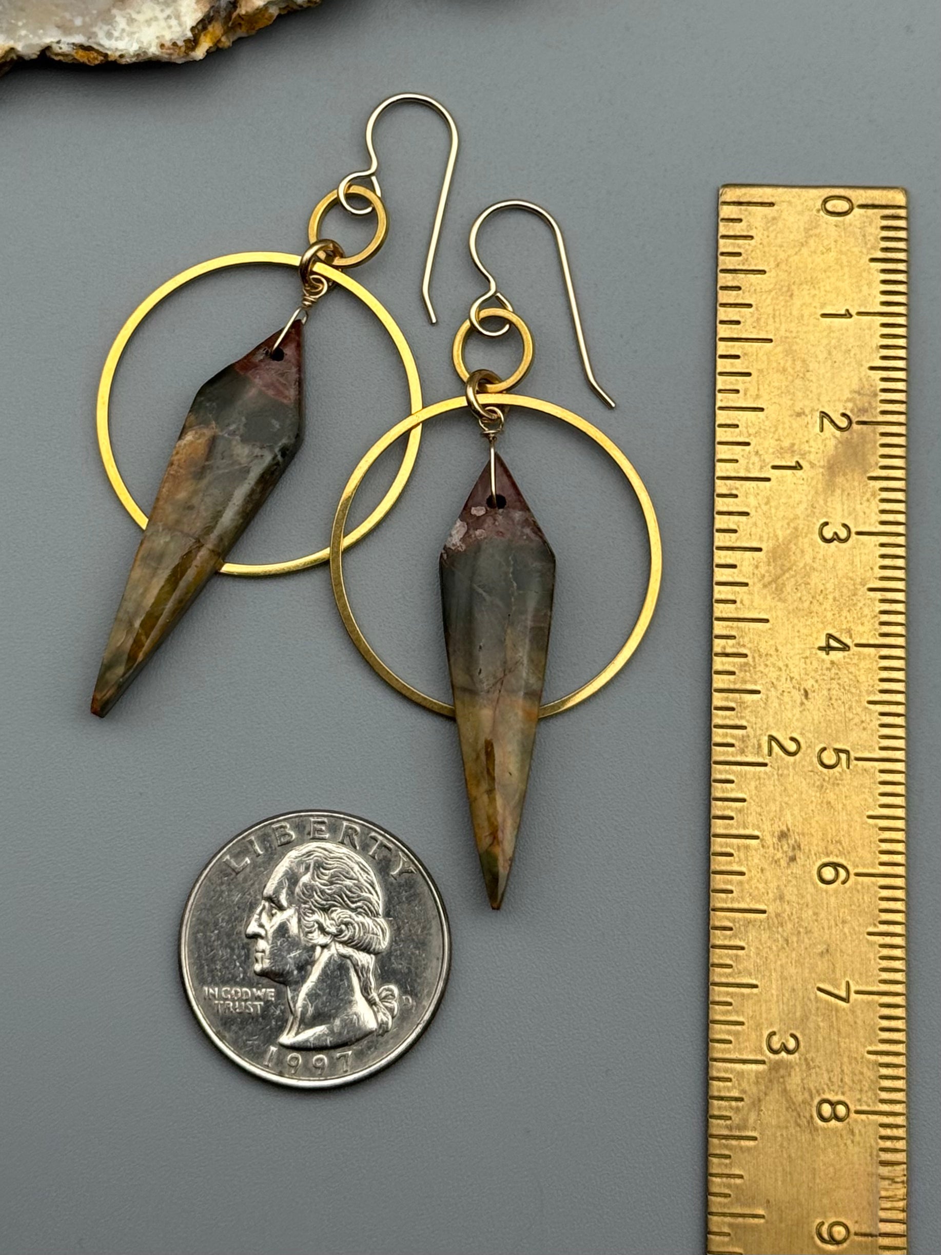 •EQUA-ORBIT• red creek jasper wide spear + gold earrings