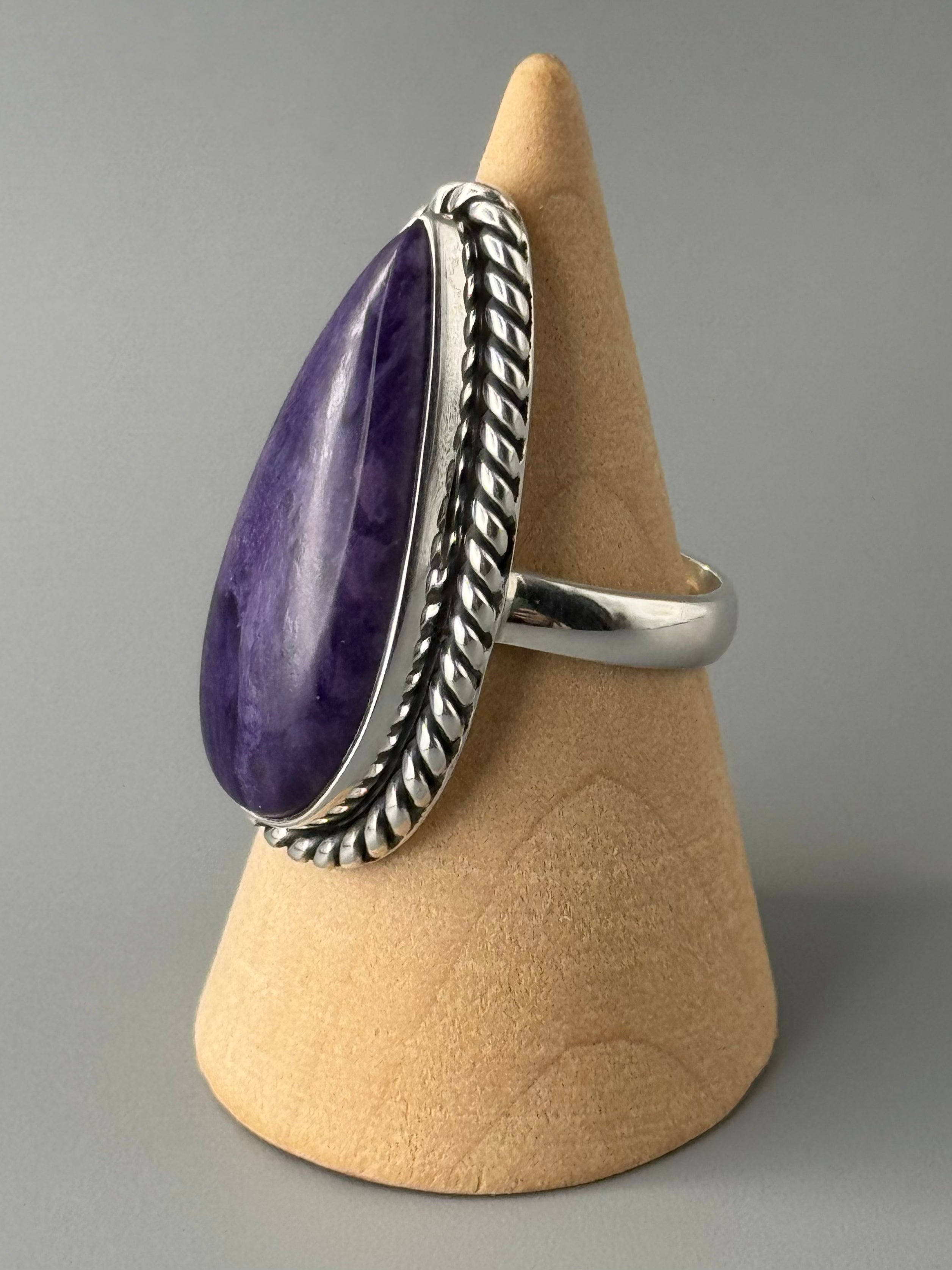 •CHAROITE - TEAR• roped bezel silver ring (size 8)