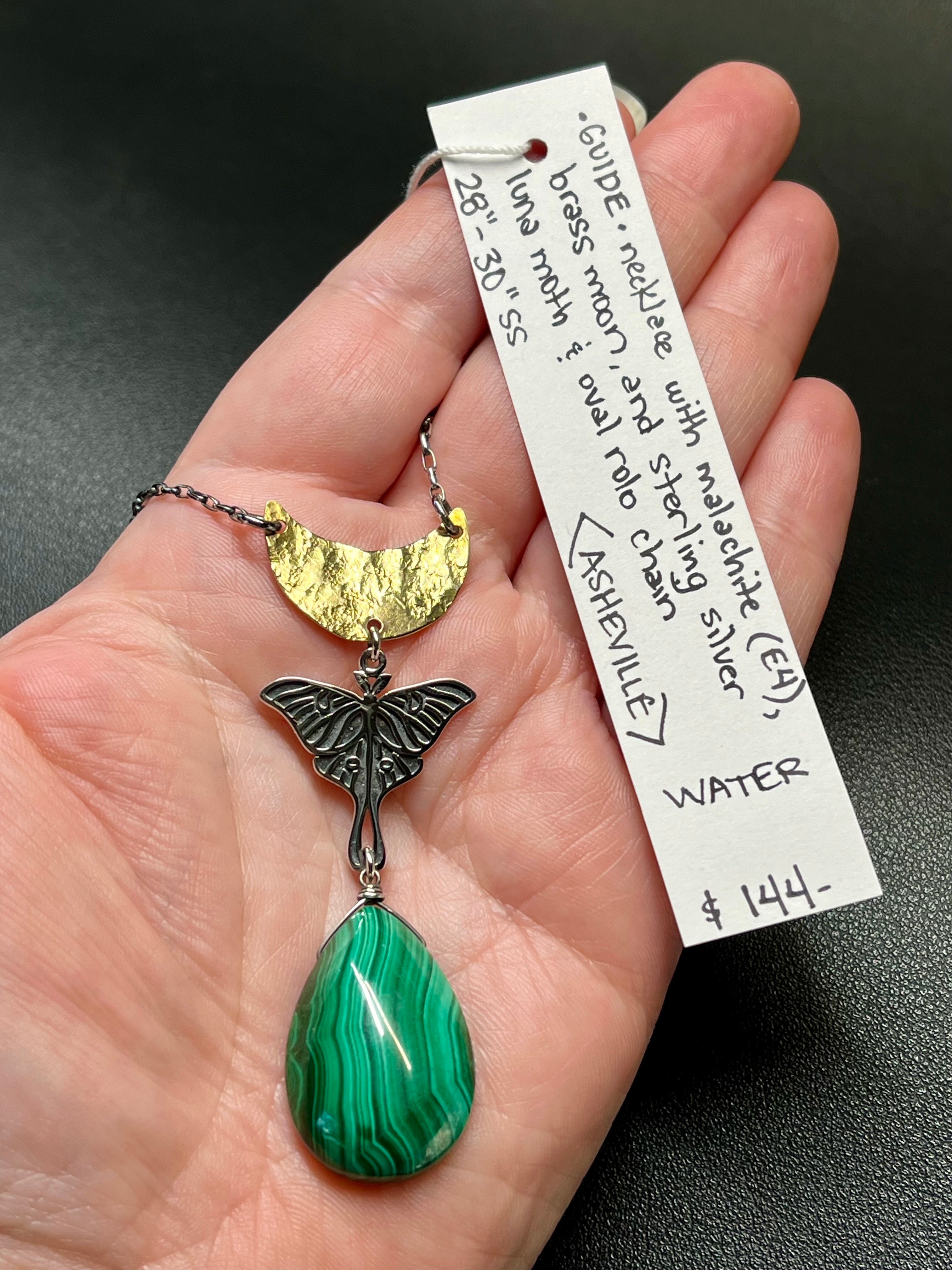 •GUIDE• malachite + moth + mixed metal necklace (28"-30" long)