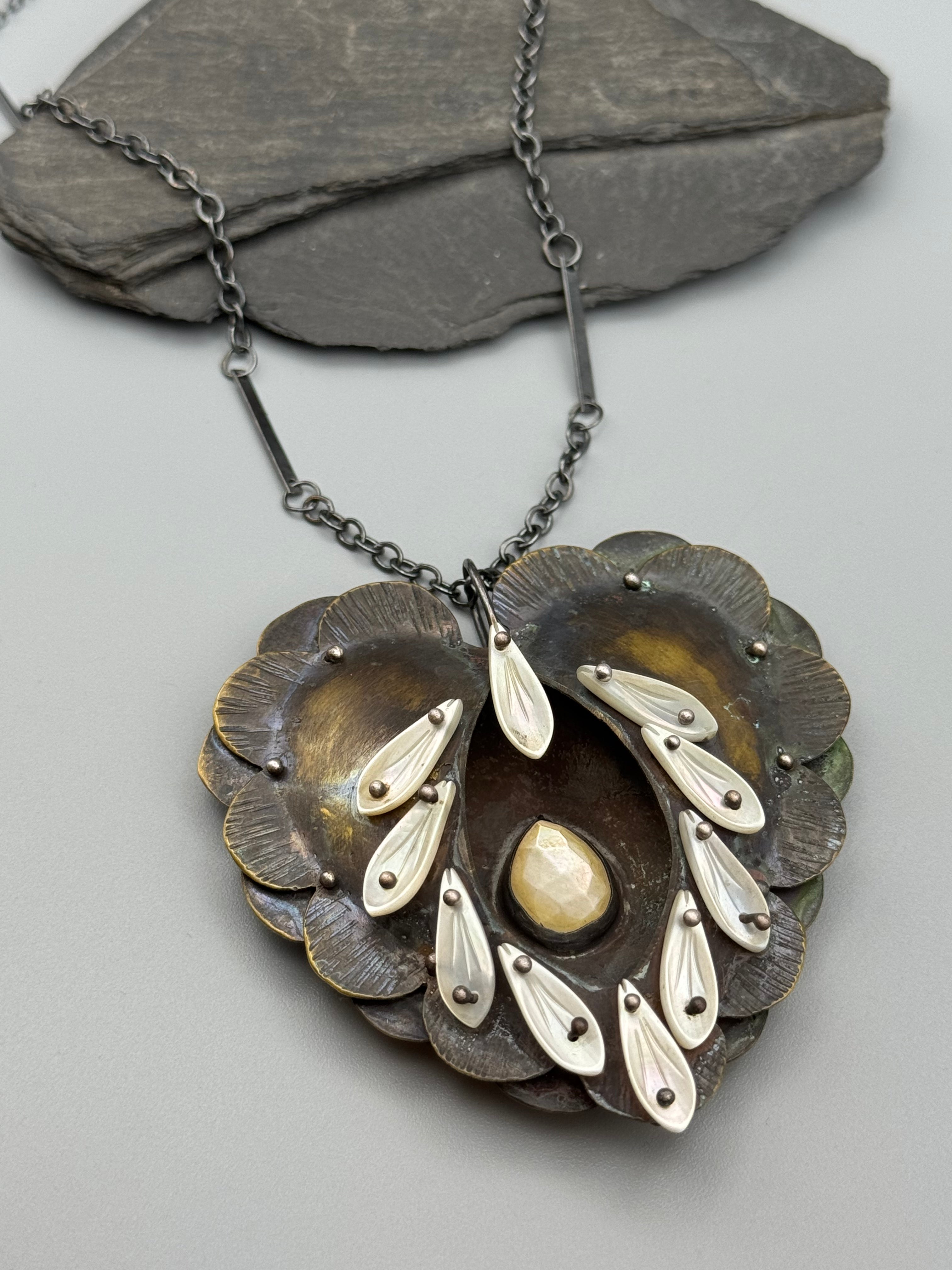 •SACRED HEART• mother of pearl + mixed metal necklace (25.5" long)