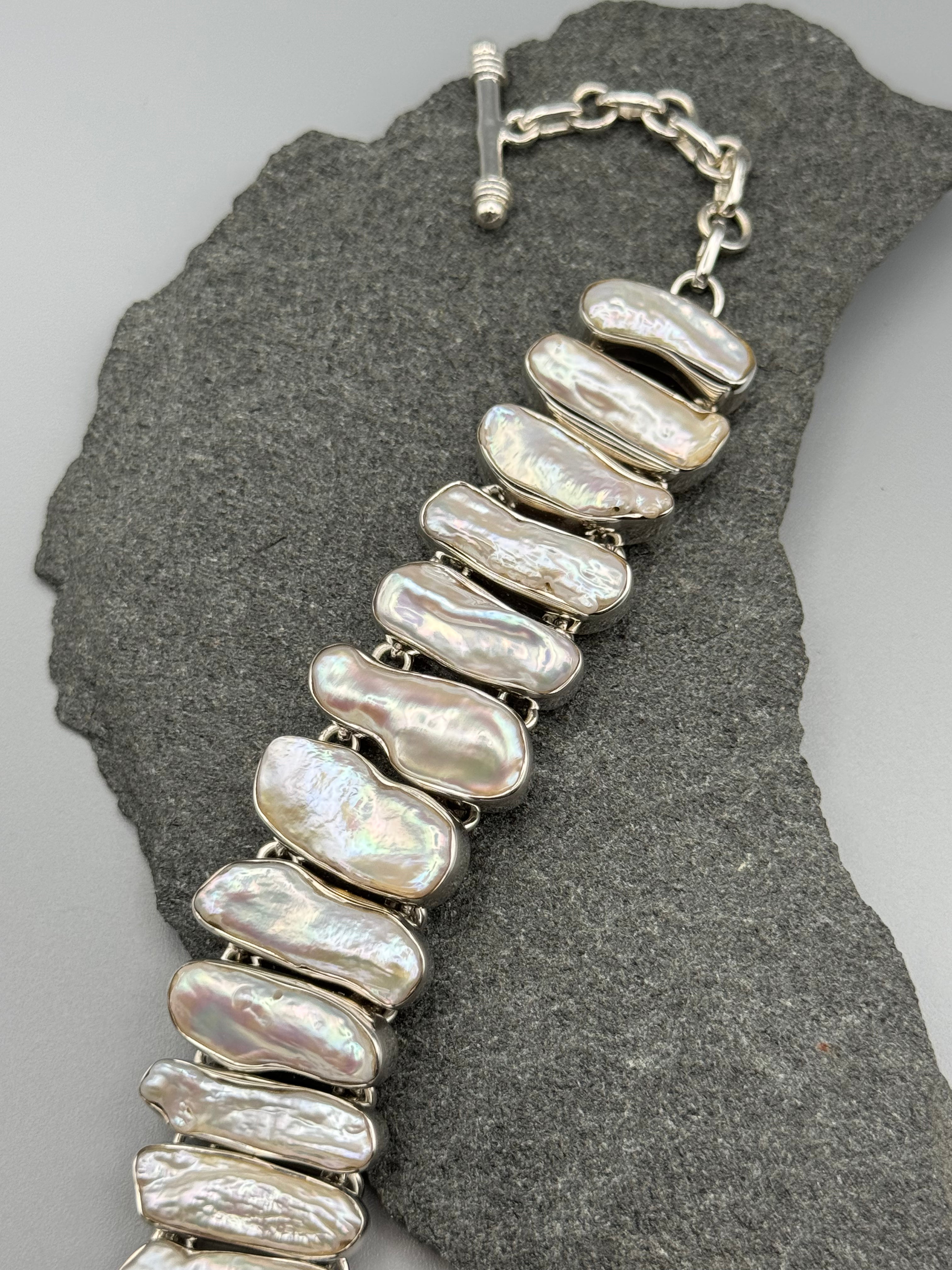 •FRESHWATER PEARL• linked silver bracelet (7" - 8.5")