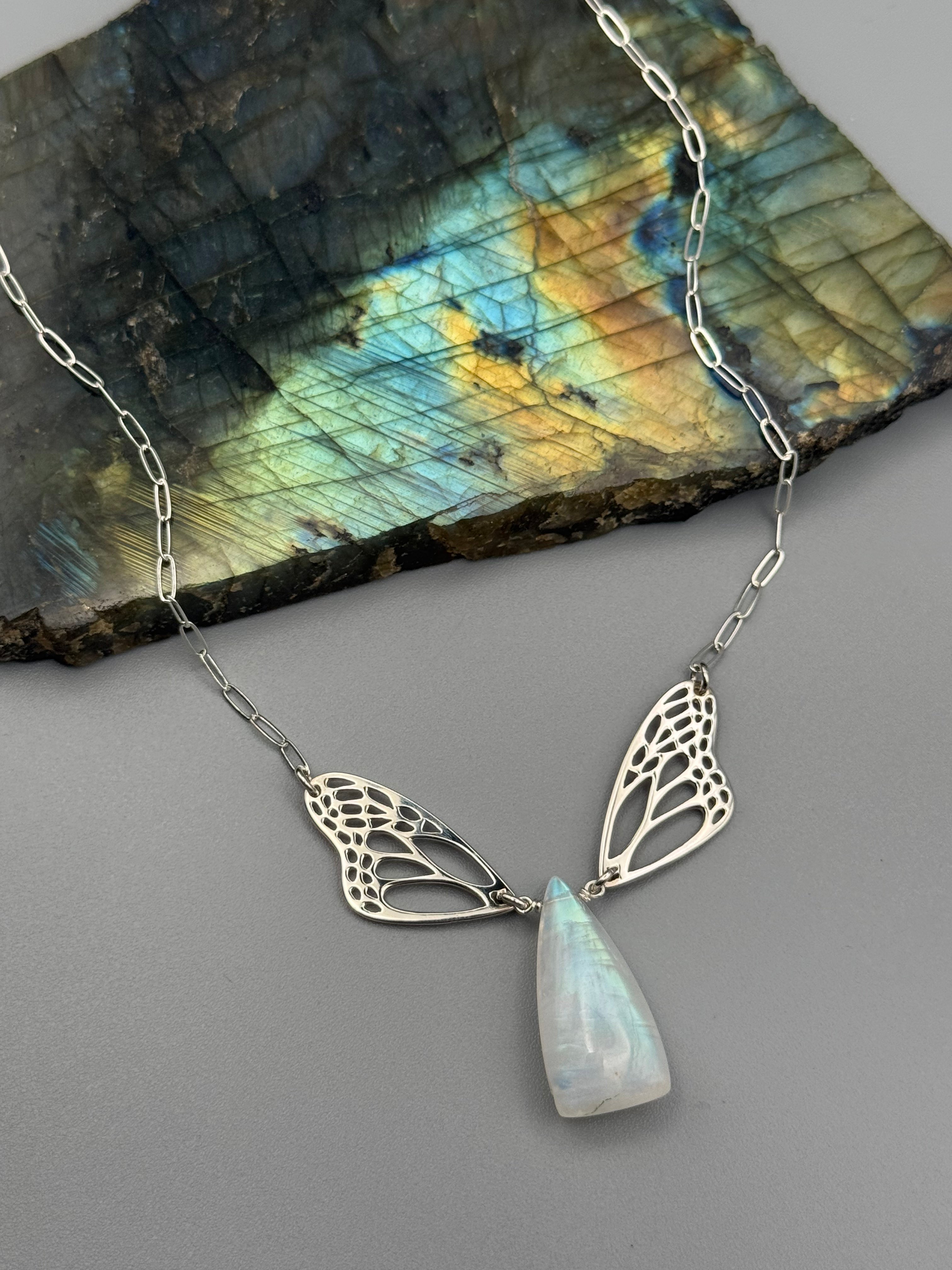 •METAMORPH• rainbow moonstone soft triangle + silver necklace (18"-20" long)