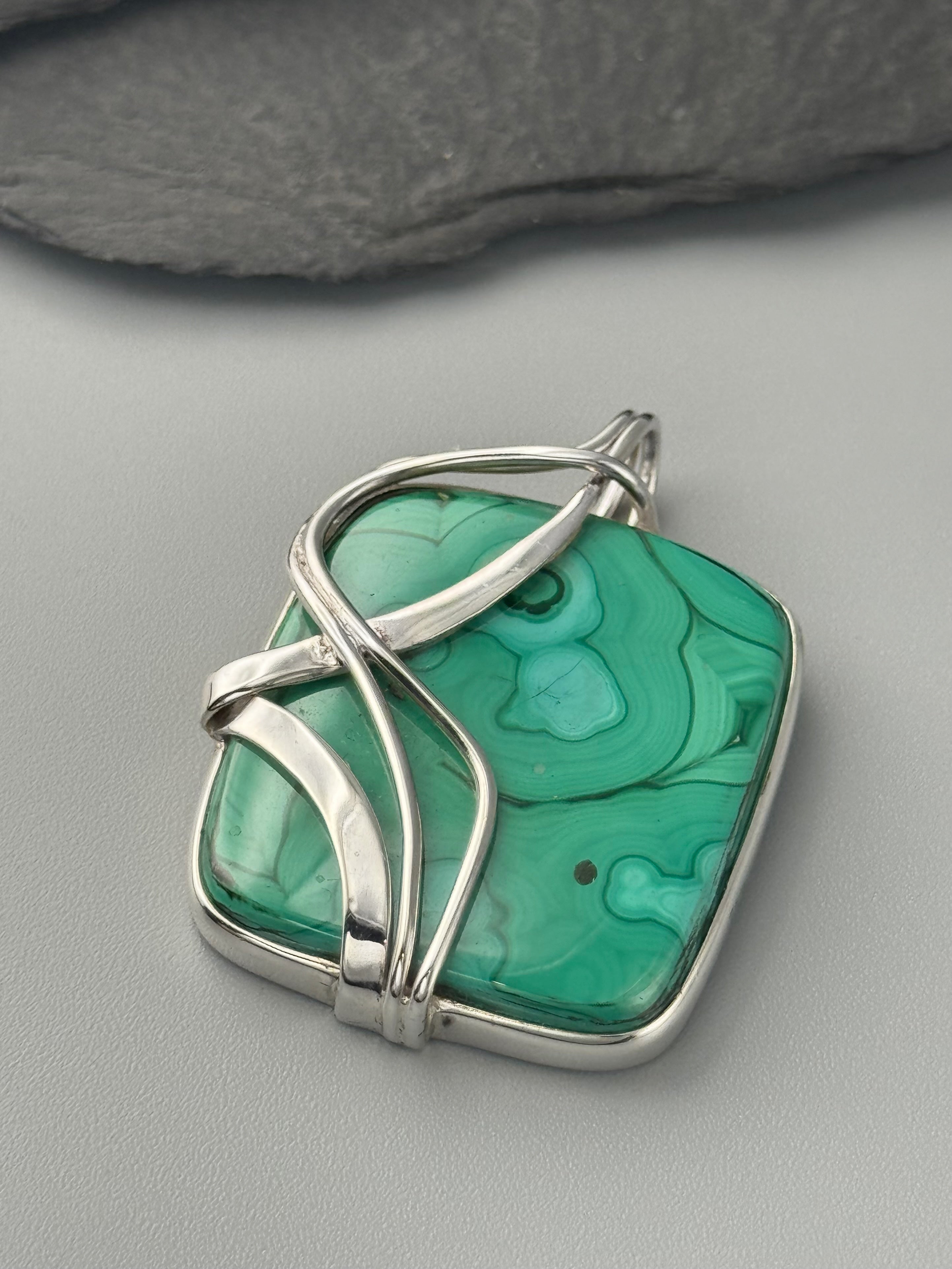 •MALACHITE CHRYSOCOLLA - WIRE WRAPPED SOFT SQUARE• sterling silver pendant