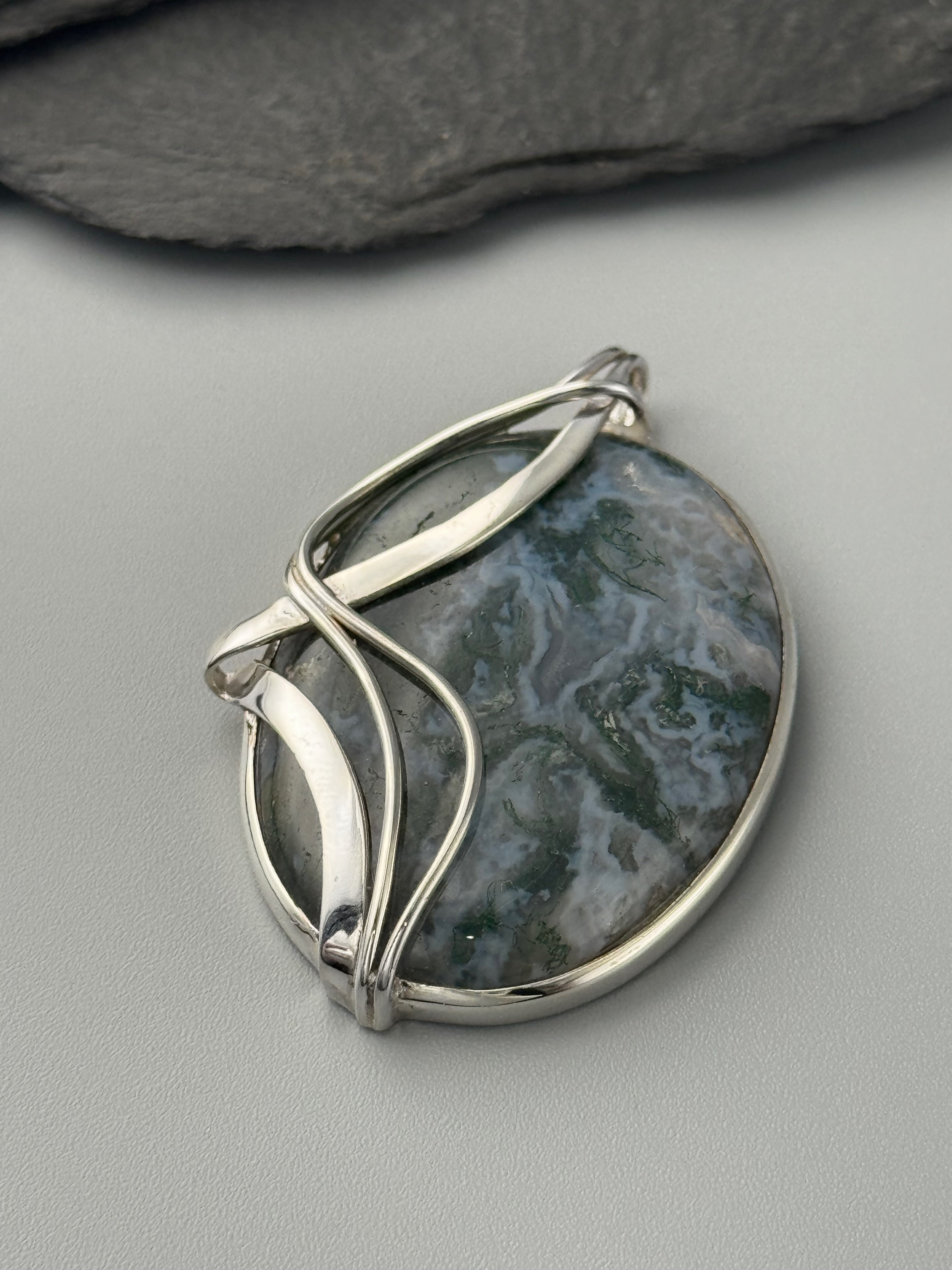 •MOSS AGATE - WIRE WRAPPED LARGE OVAL• sterling silver pendant