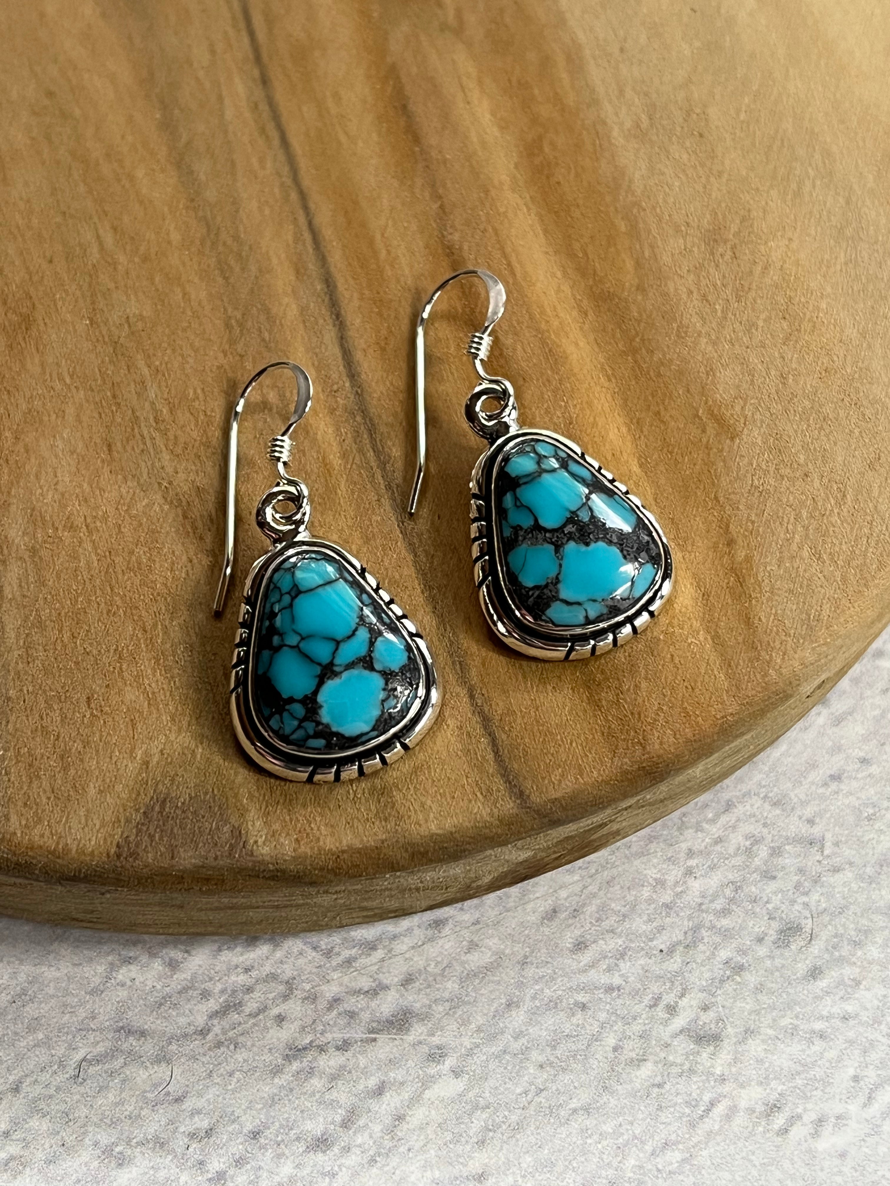 •BLUE RIDGE NEVADA TURQUOISE• Navajo silver dangle earrings